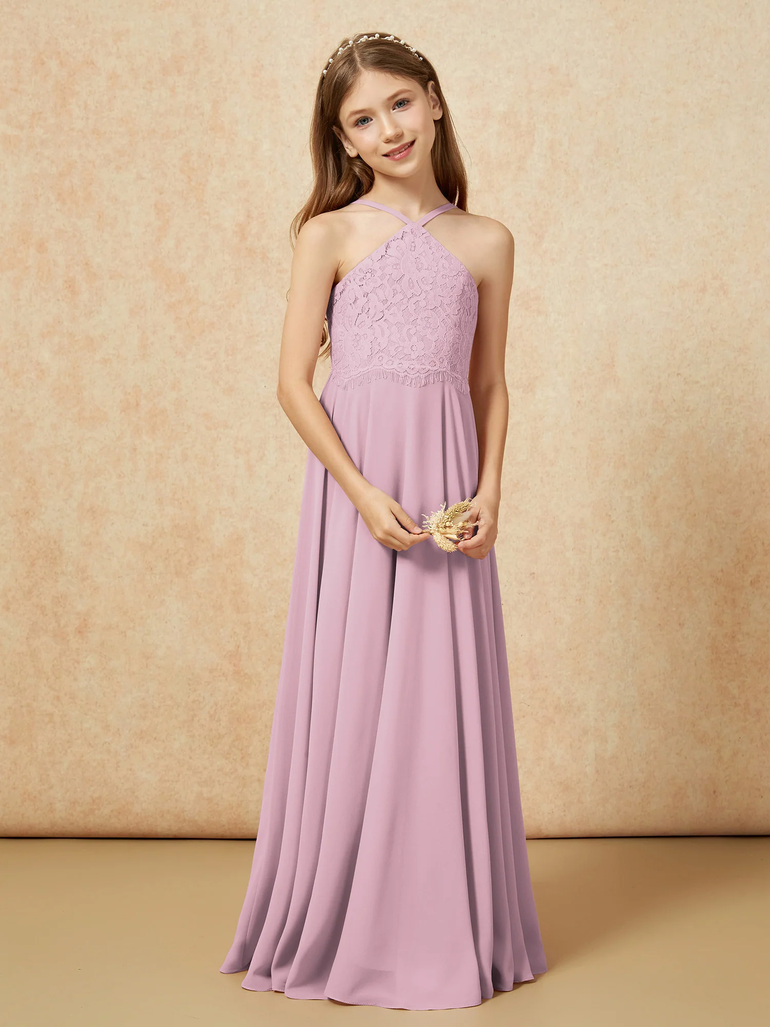 Halter Lace Top Long Chiffon Junior Bridesmaid Dress Vintage Mauve - Image 5