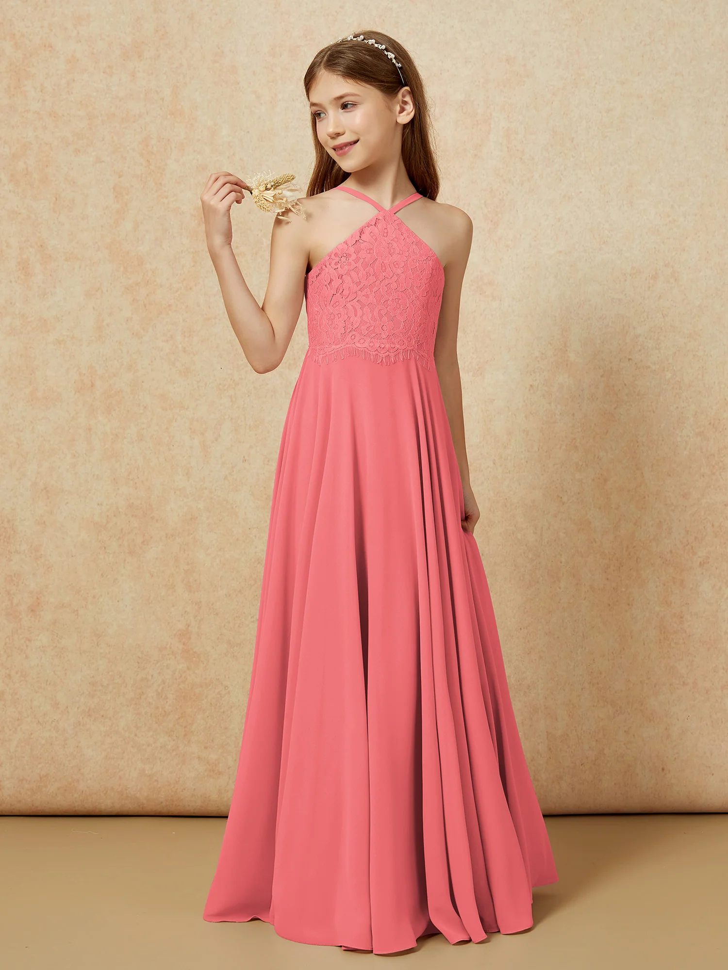 Halter Lace Top Long Chiffon Junior Bridesmaid Dress Watermelon - Image 3