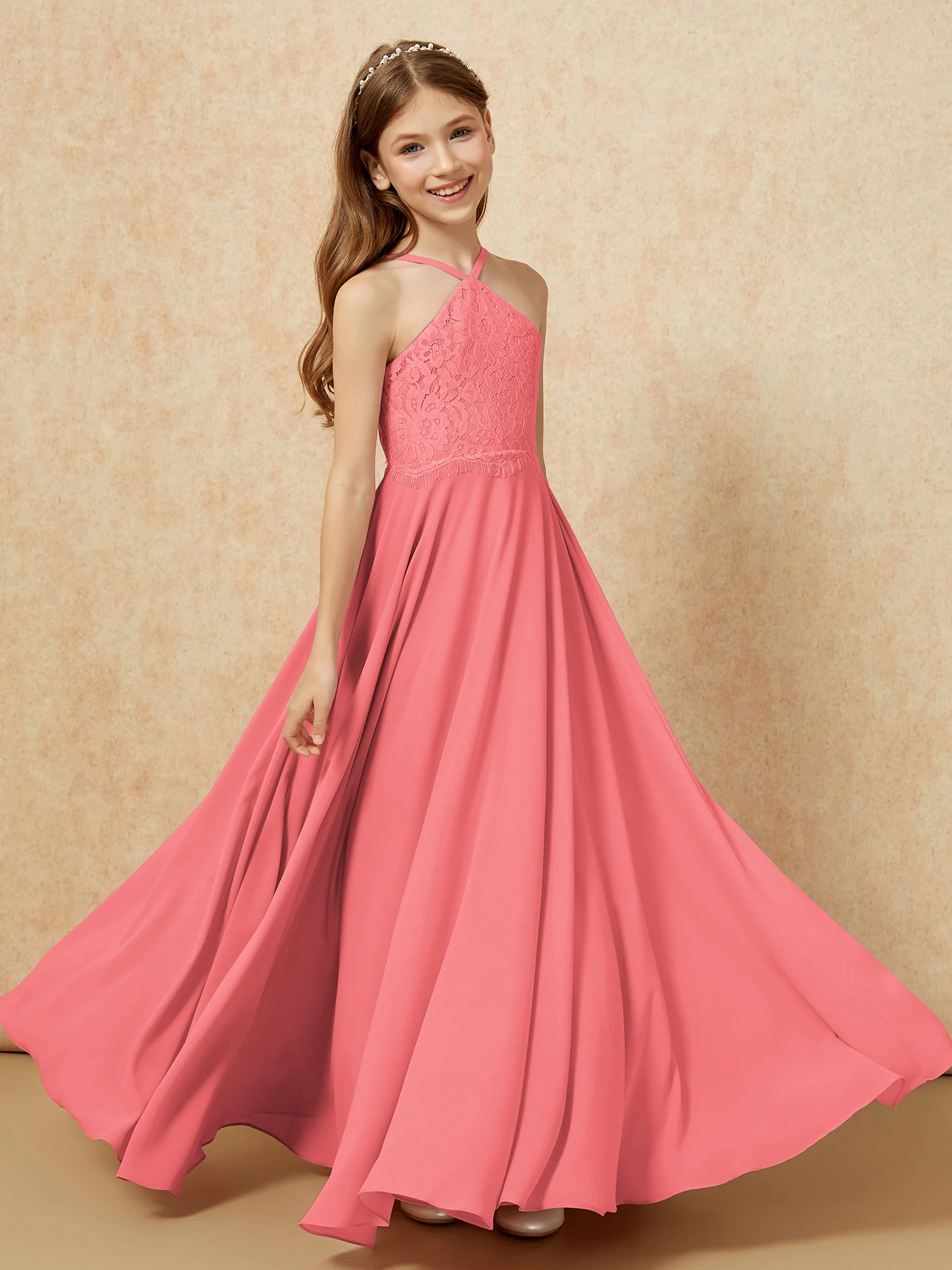 Halter Lace Top Long Chiffon Junior Bridesmaid Dress Watermelon - Image 4