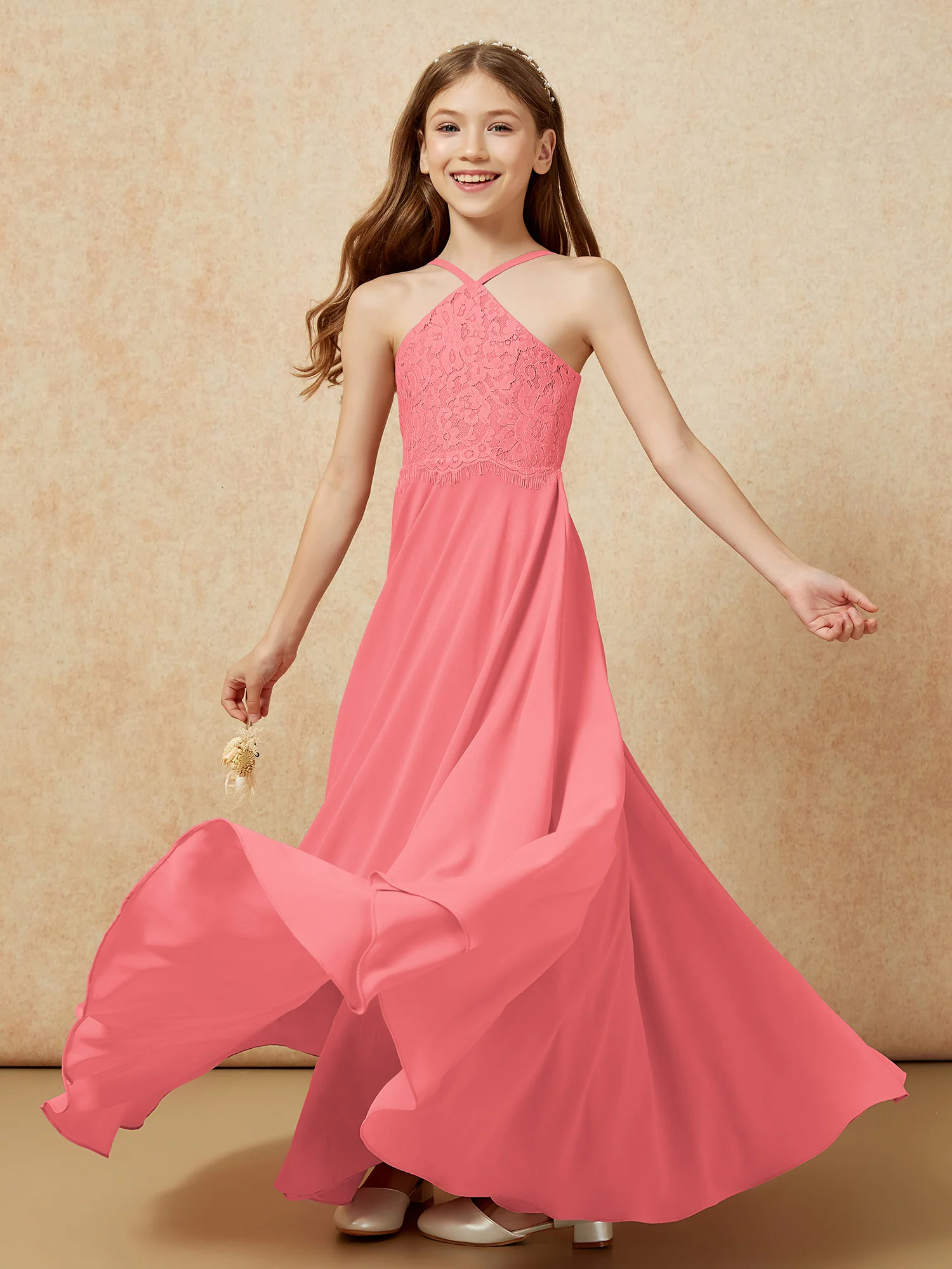 Halter Lace Top Long Chiffon Junior Bridesmaid Dress Watermelon - Image 6