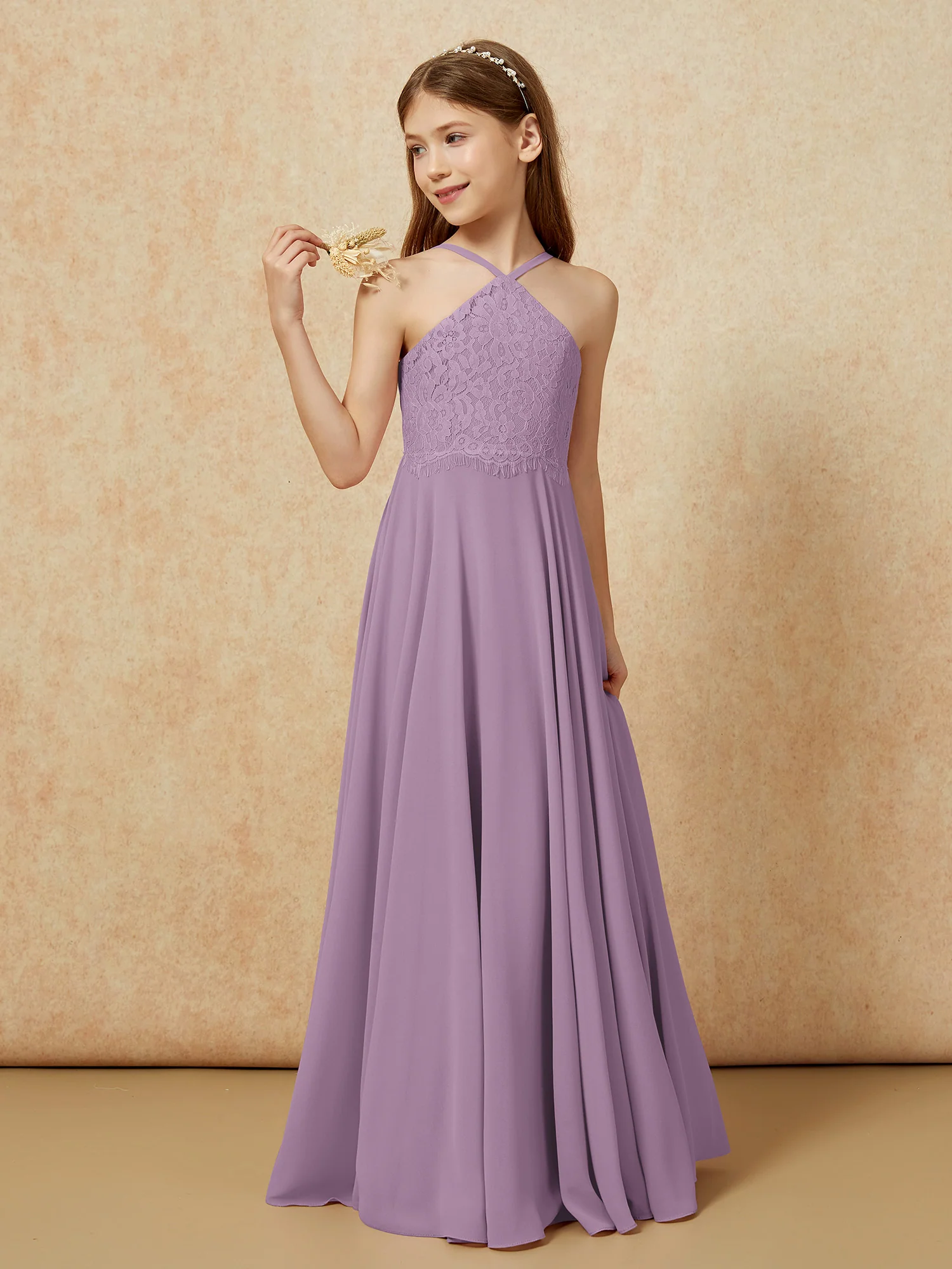 Halter Lace Top Long Chiffon Junior Bridesmaid Dress Wisteria - Image 3