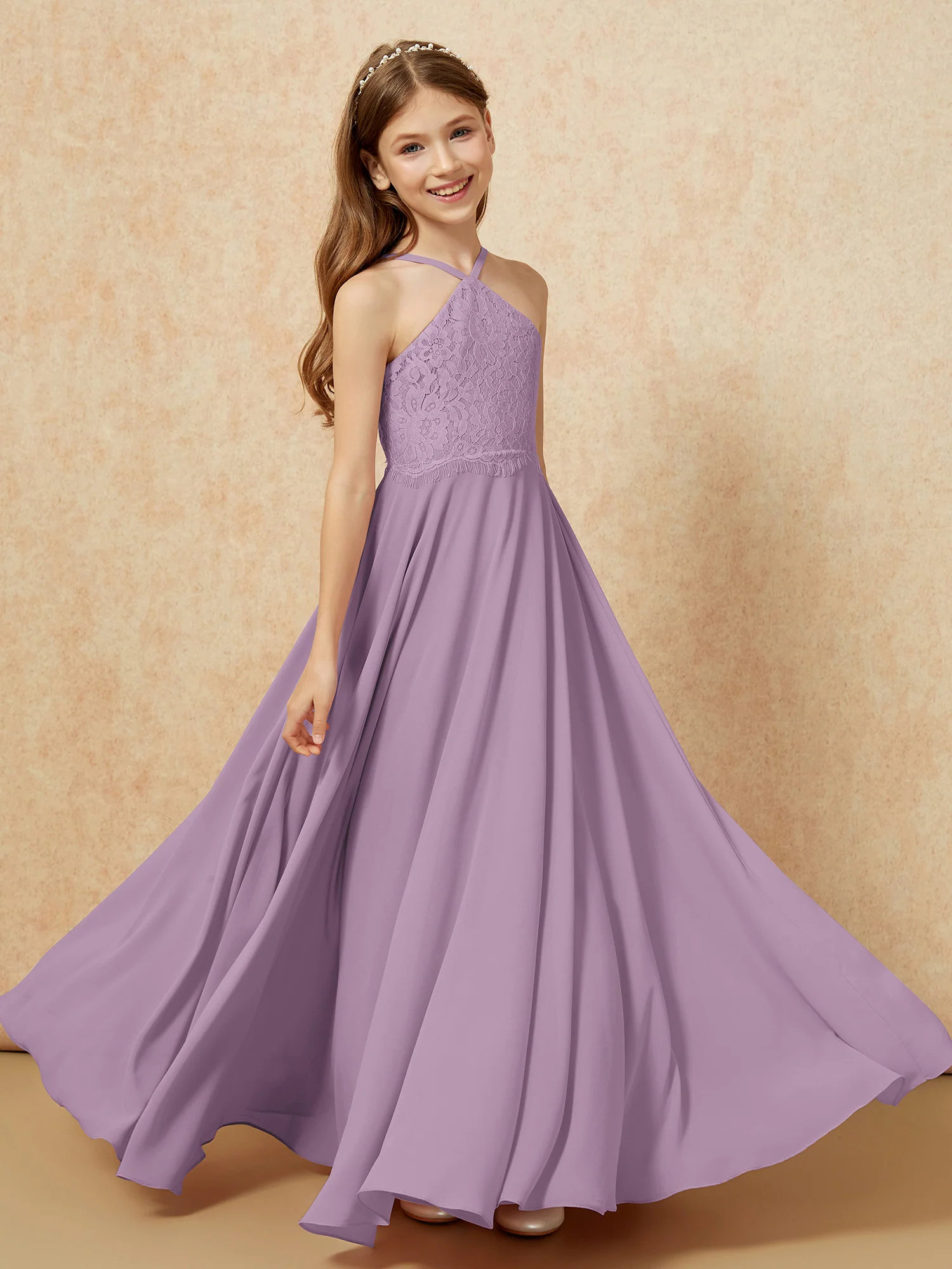 Halter Lace Top Long Chiffon Junior Bridesmaid Dress Wisteria - Image 4