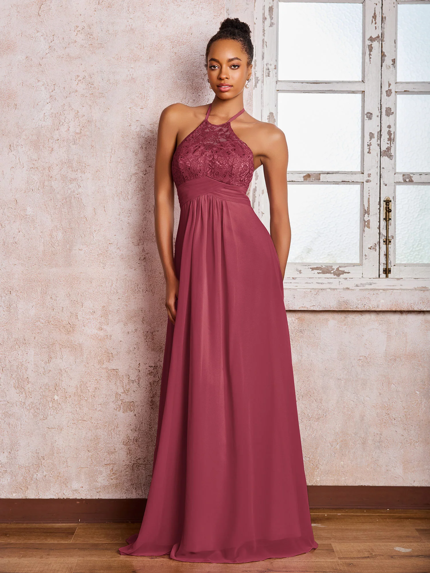 Halter Lace Top Sleeveless Chiffon Long Gowns Cinnamon Rose