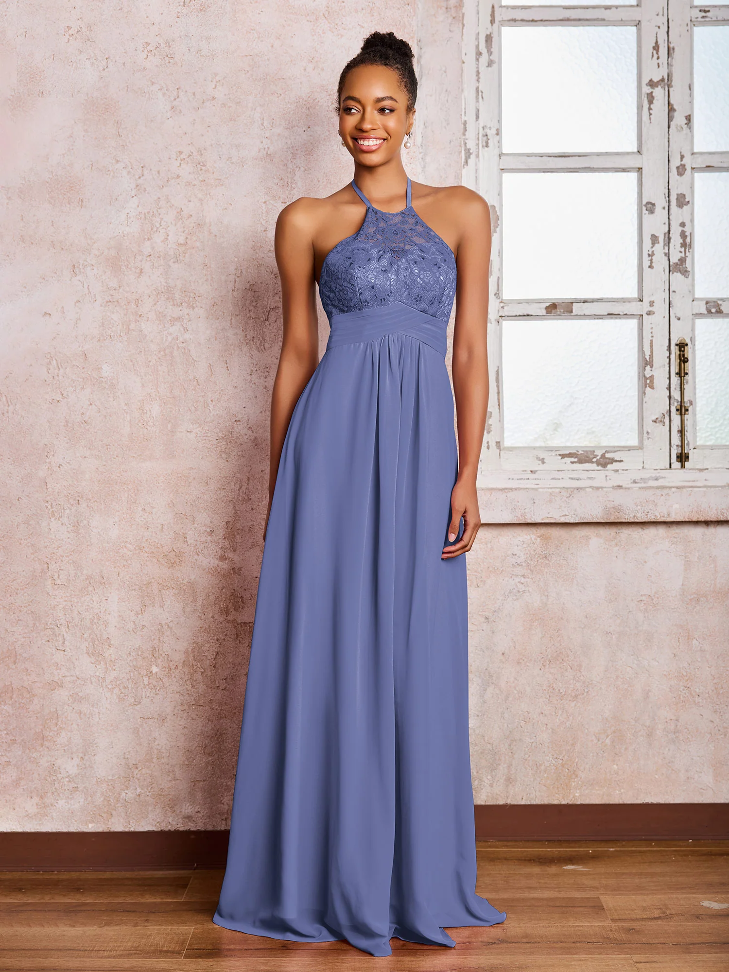 Halter Lace Top Sleeveless Chiffon Long Gowns Periwinkle - Image 3