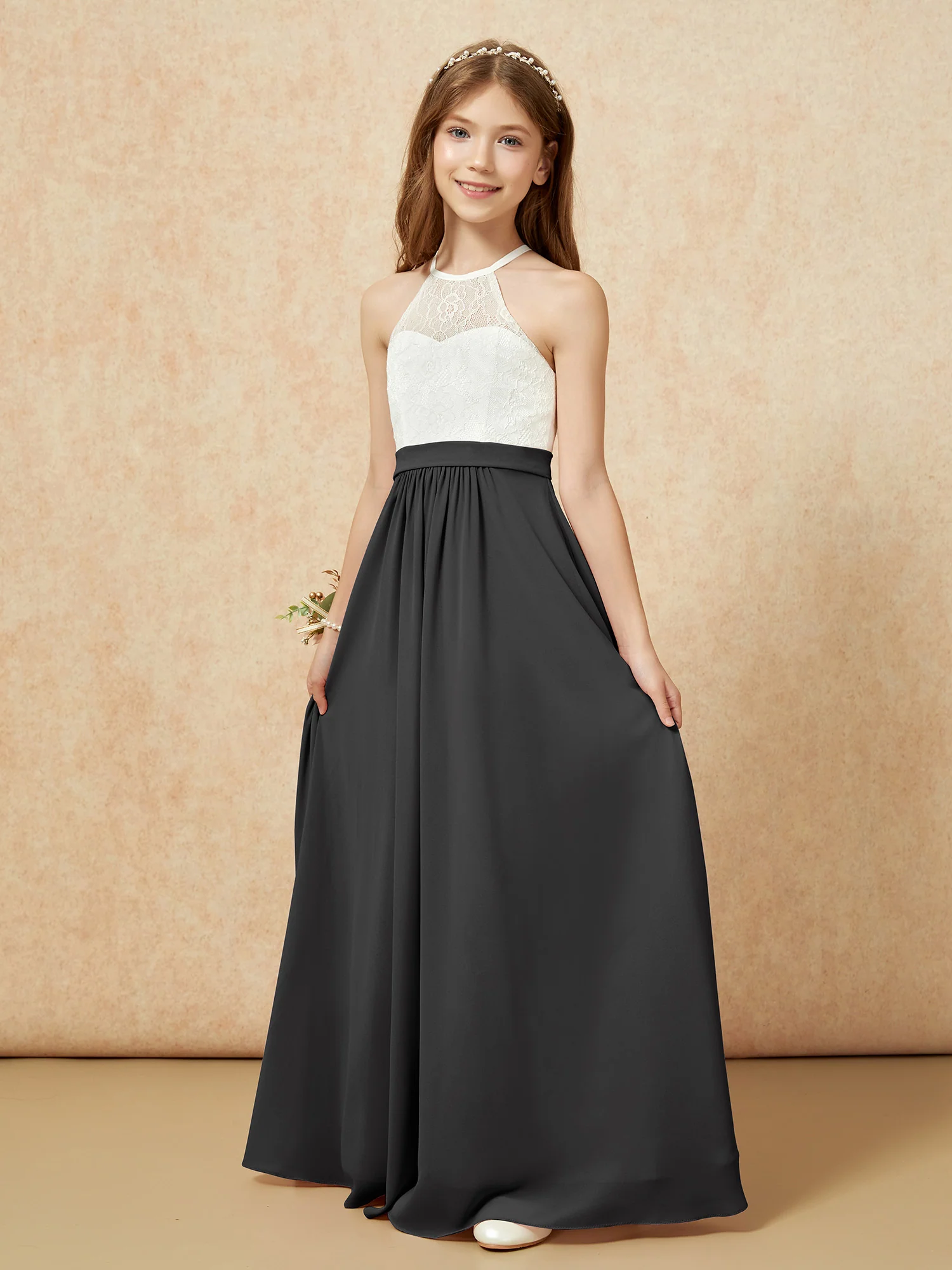 Halter Lace Top Sleeveless Junior Bridesmaid Dress Black - Image 3