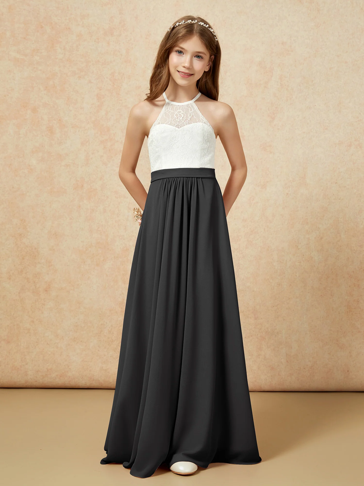 Halter Lace Top Sleeveless Junior Bridesmaid Dress Black - Image 4