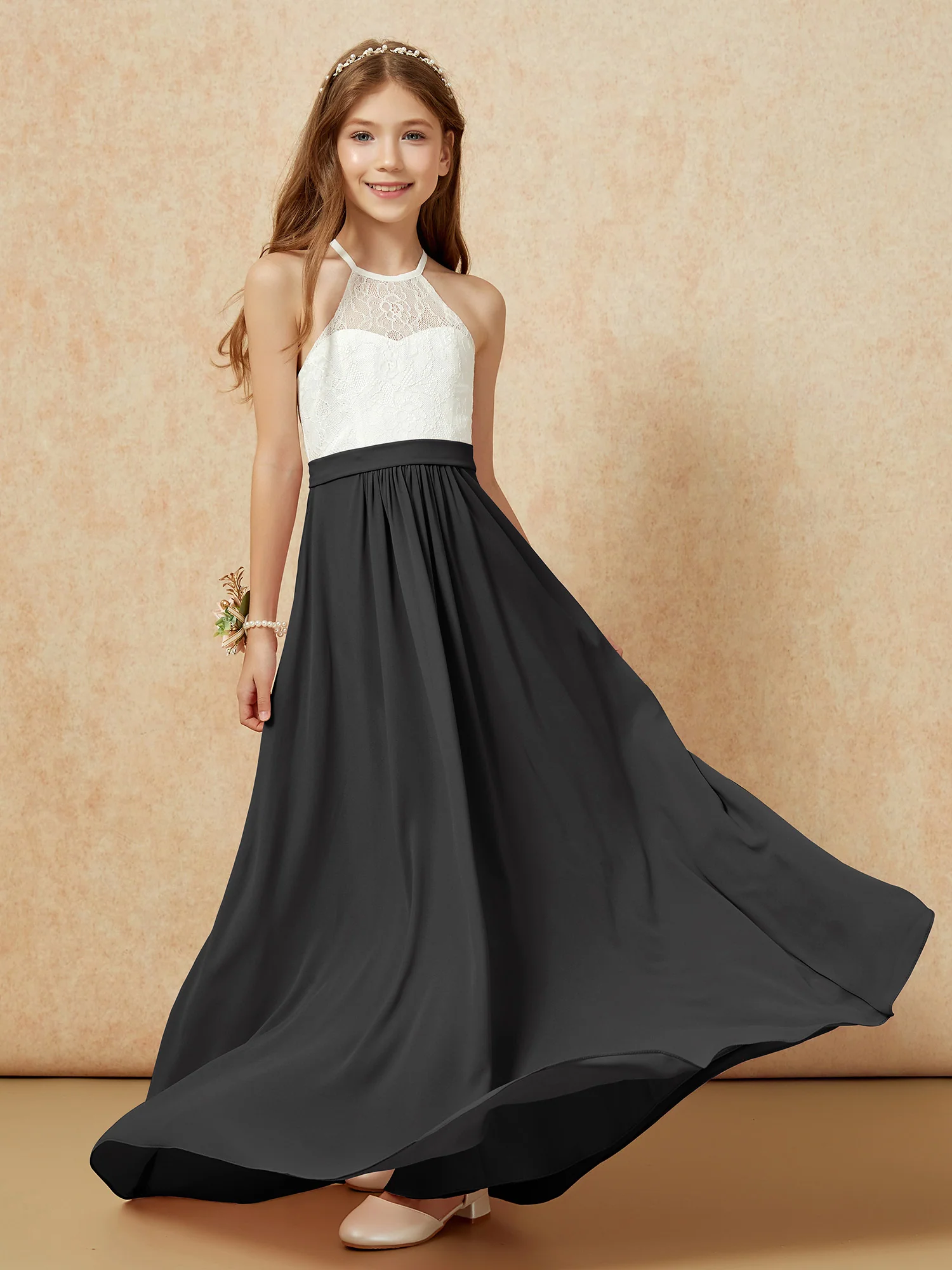 Halter Lace Top Sleeveless Junior Bridesmaid Dress Black - Image 5