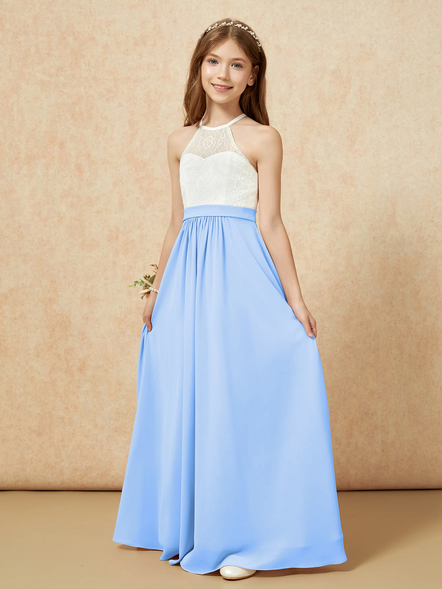 Halter Lace Top Sleeveless Junior Bridesmaid Dress Blue - Image 3