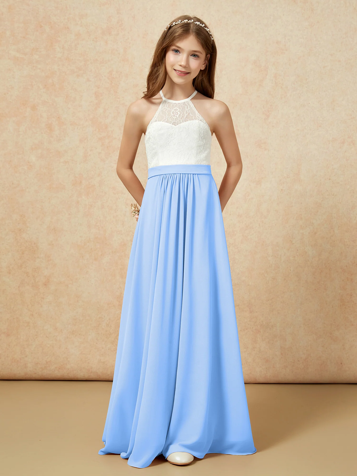 Halter Lace Top Sleeveless Junior Bridesmaid Dress Blue - Image 4