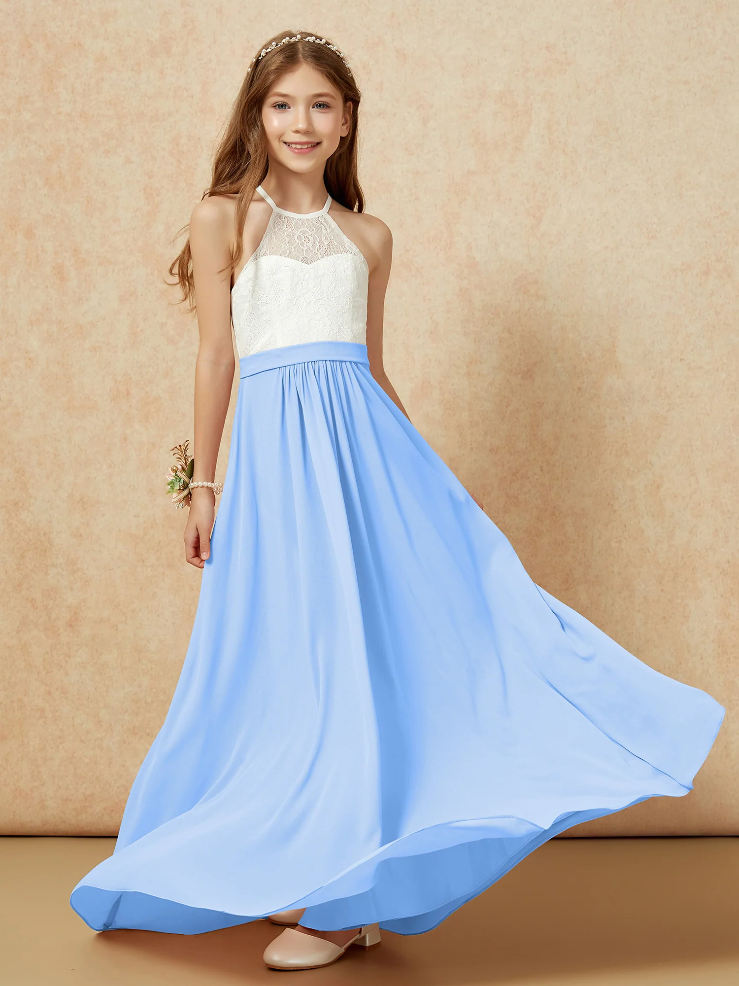 Halter Lace Top Sleeveless Junior Bridesmaid Dress Blue - Image 5