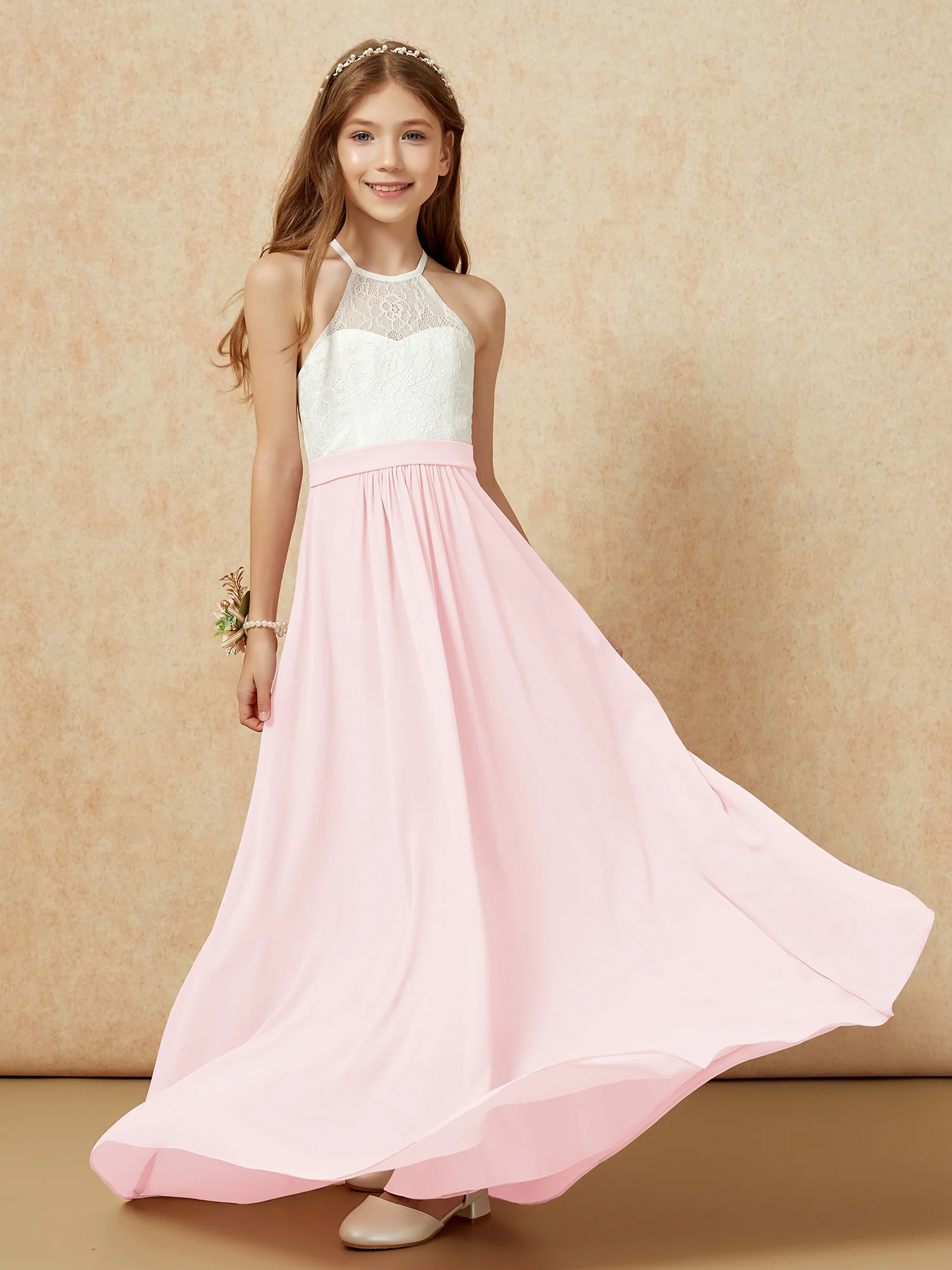 Halter Lace Top Sleeveless Junior Bridesmaid Dress Blushing Pink - Image 5