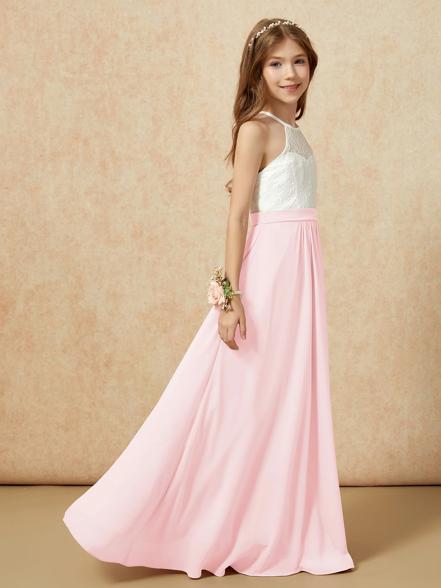 Halter Lace Top Sleeveless Junior Bridesmaid Dress Blushing Pink - Image 6