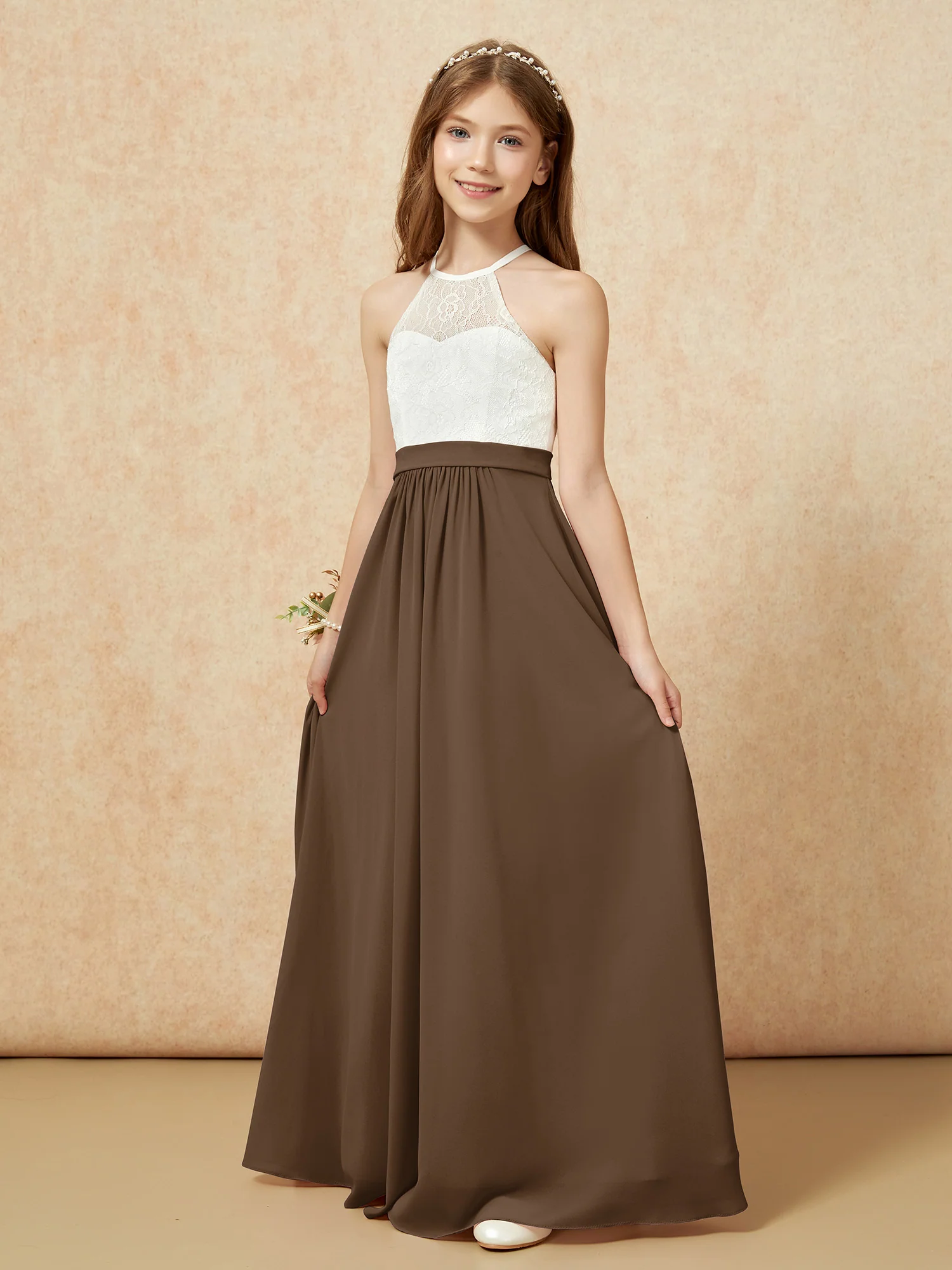 Halter Lace Top Sleeveless Junior Bridesmaid Dress Brown - Image 3