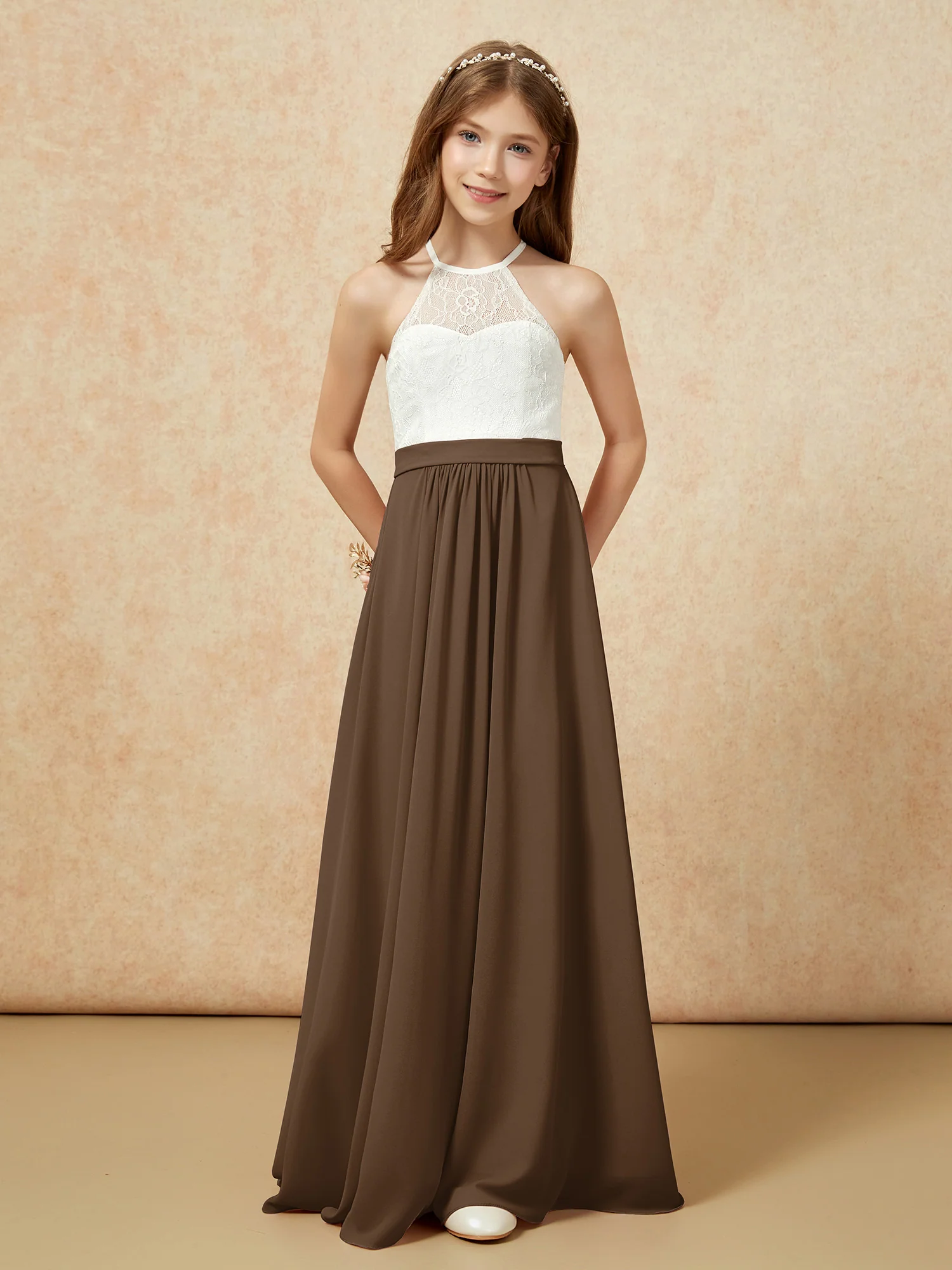 Halter Lace Top Sleeveless Junior Bridesmaid Dress Brown - Image 4