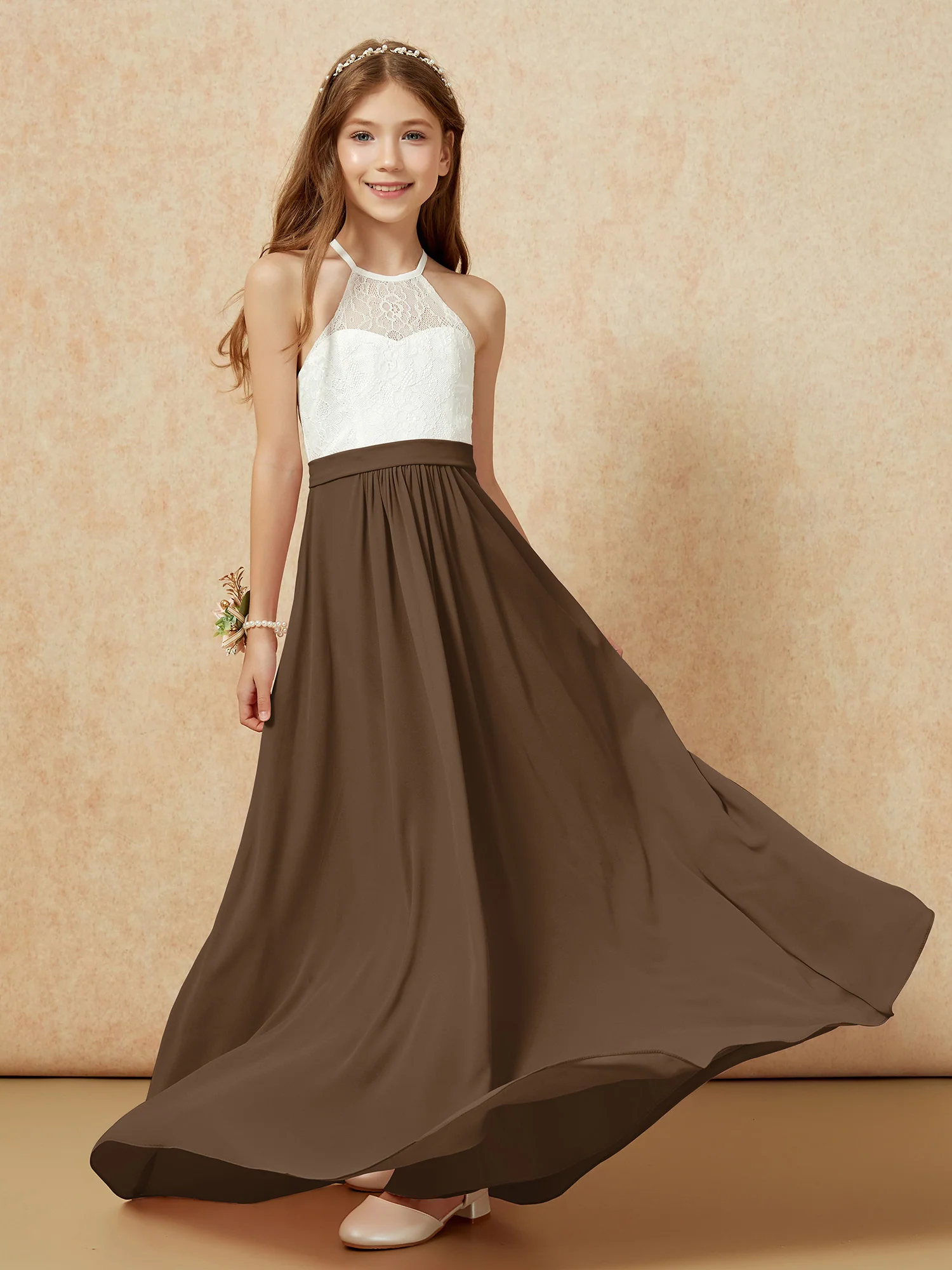 Halter Lace Top Sleeveless Junior Bridesmaid Dress Brown - Image 5