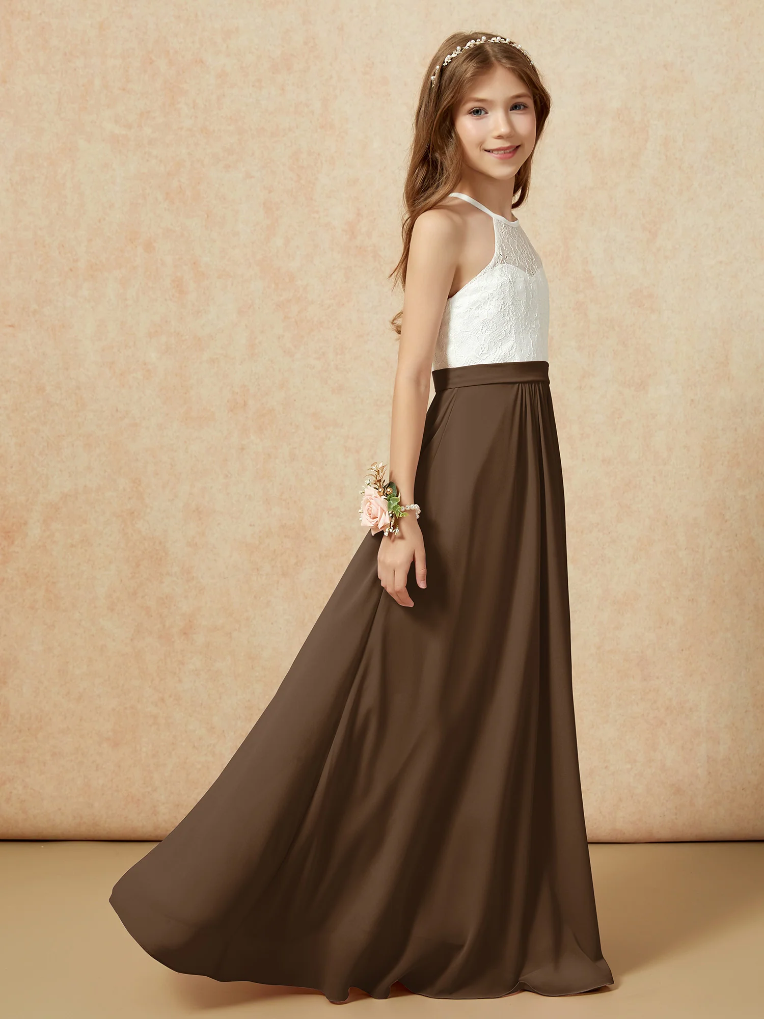 Halter Lace Top Sleeveless Junior Bridesmaid Dress Brown - Image 6