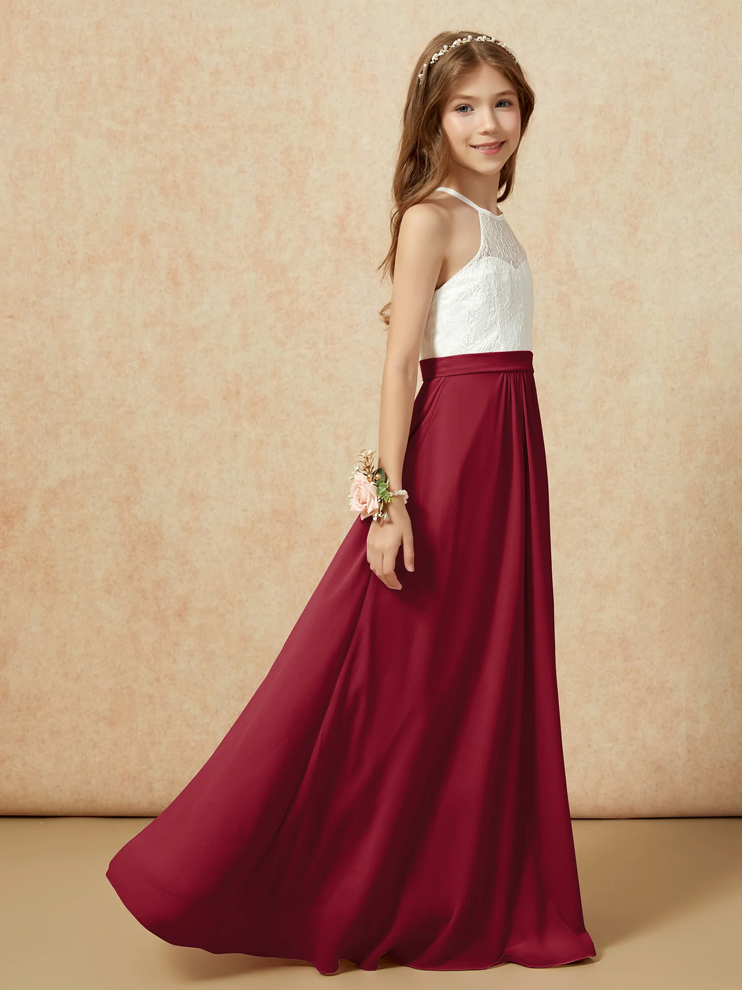 Halter Lace Top Sleeveless Junior Bridesmaid Dress Burgundy - Image 6