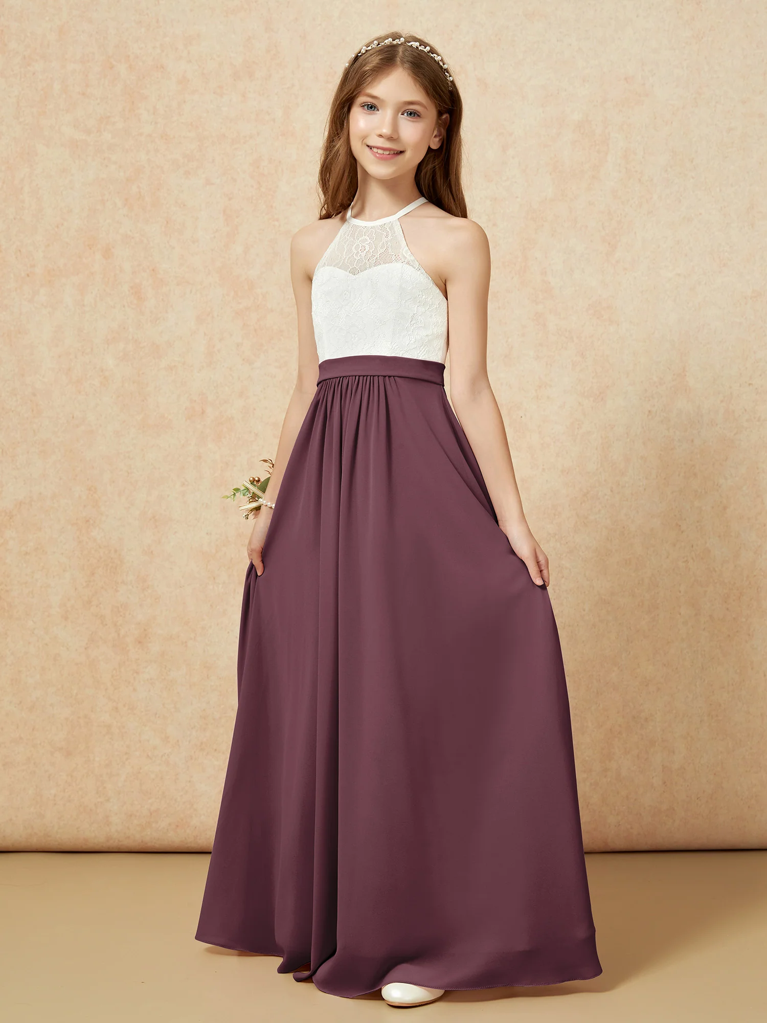 Halter Lace Top Sleeveless Junior Bridesmaid Dress Cabernet - Image 3