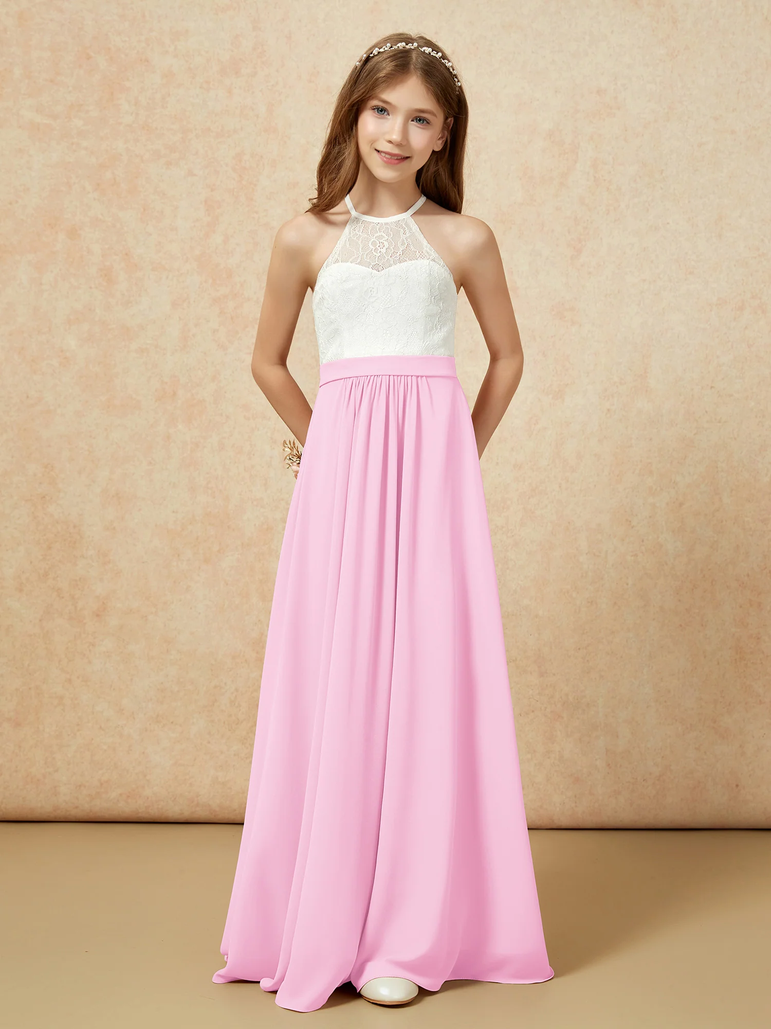 Halter Lace Top Sleeveless Junior Bridesmaid Dress Candy Pink - Image 4