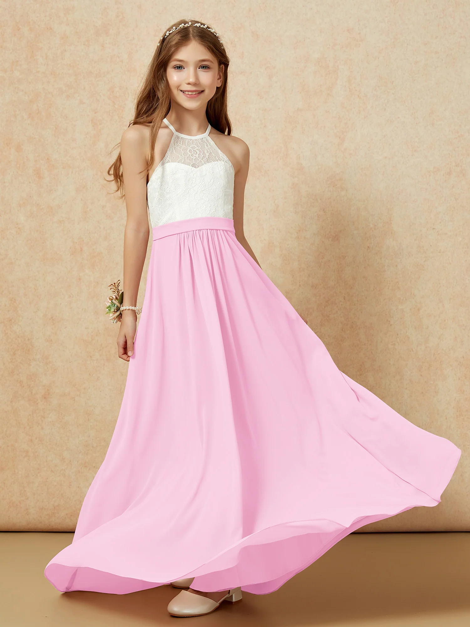 Halter Lace Top Sleeveless Junior Bridesmaid Dress Candy Pink - Image 5