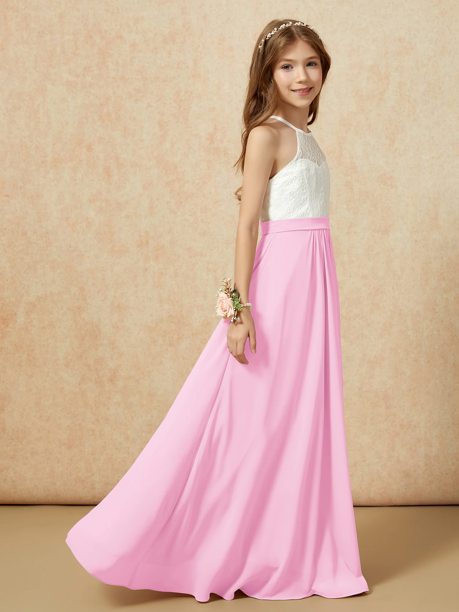 Halter Lace Top Sleeveless Junior Bridesmaid Dress Candy Pink - Image 6