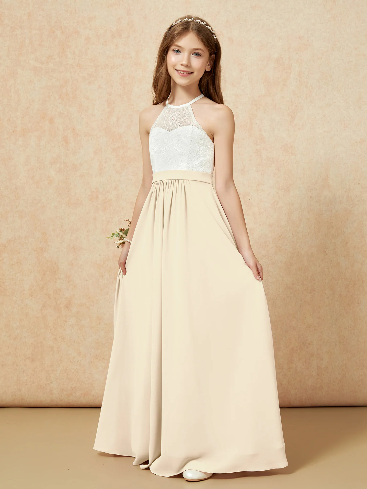 Halter Lace Top Sleeveless Junior Bridesmaid Dress Champagne - Image 3