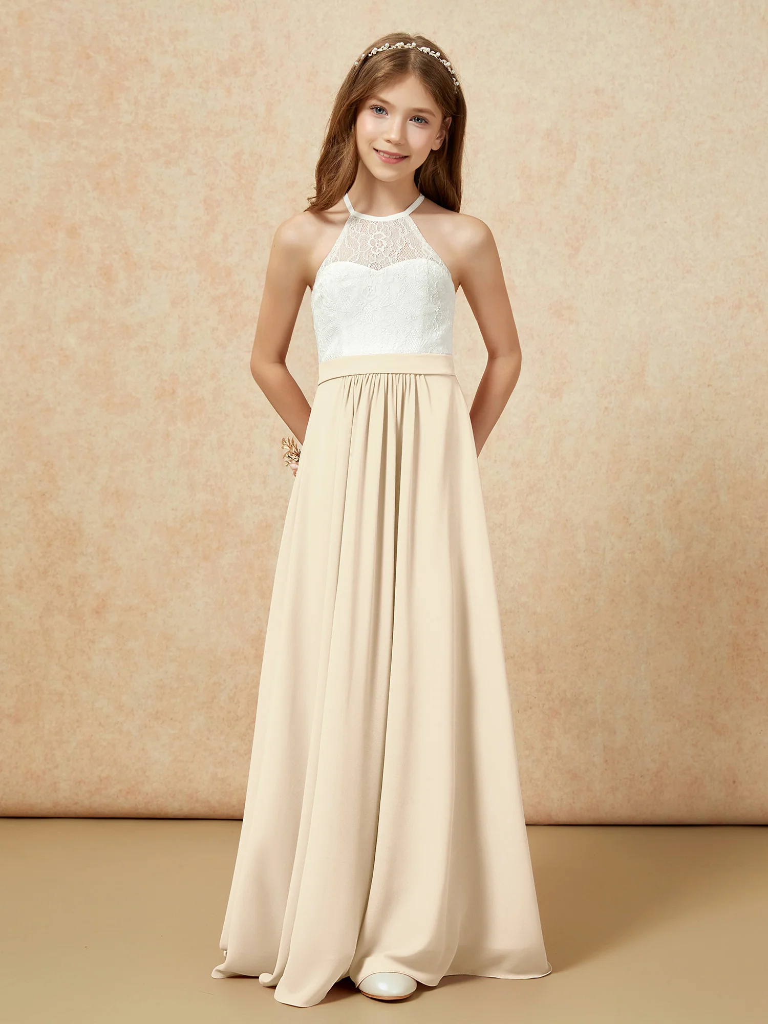 Halter Lace Top Sleeveless Junior Bridesmaid Dress Champagne - Image 4