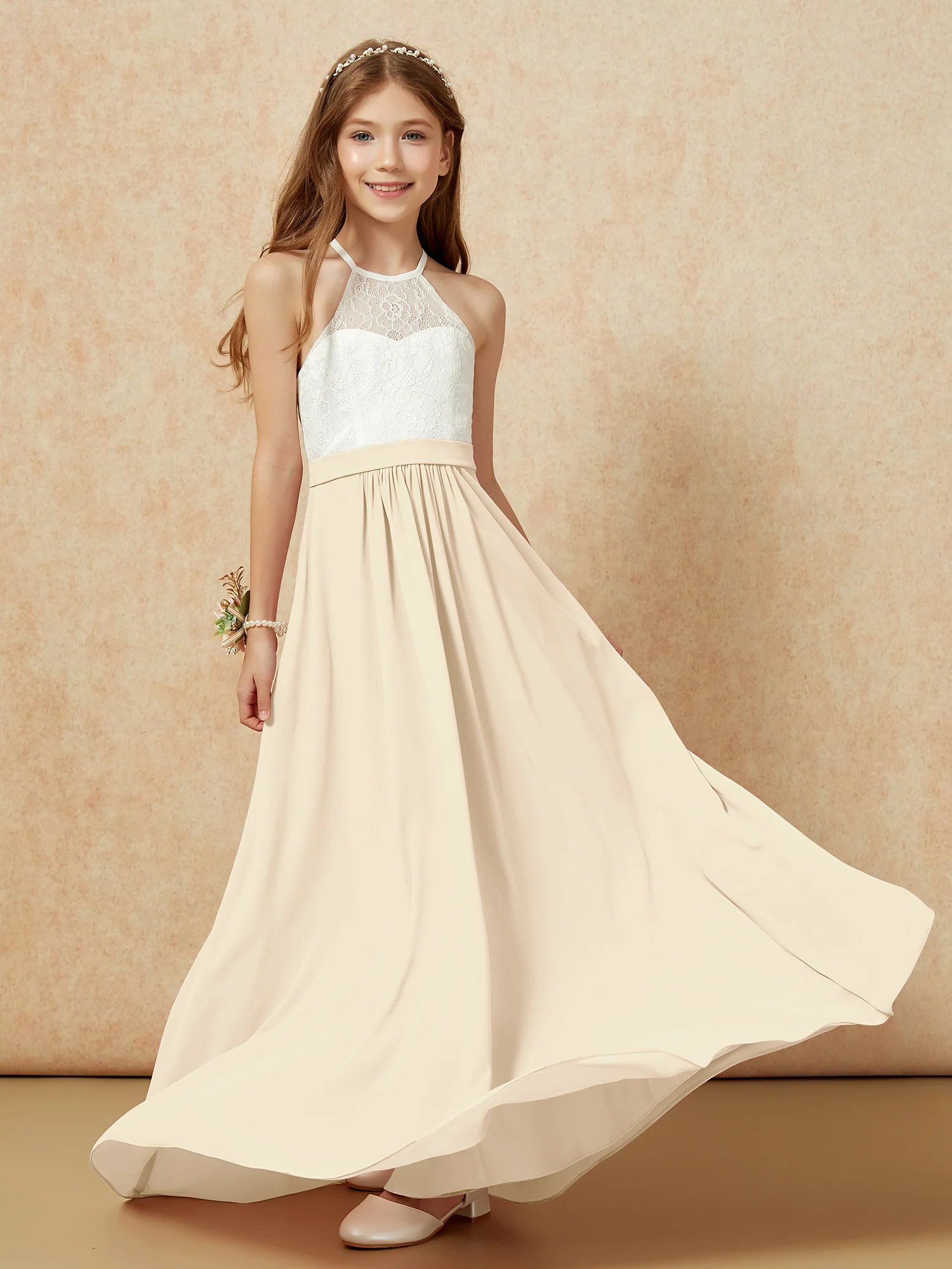Halter Lace Top Sleeveless Junior Bridesmaid Dress Champagne - Image 5