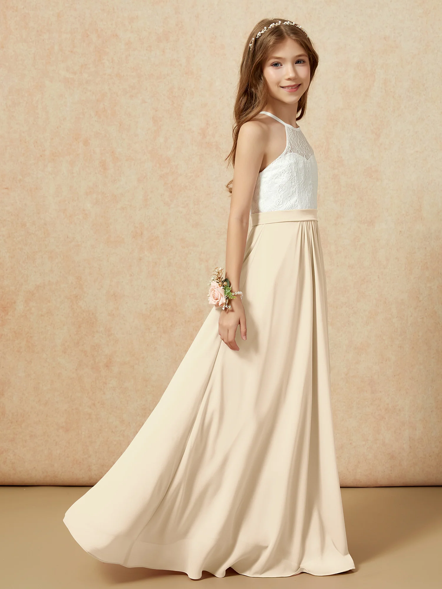 Halter Lace Top Sleeveless Junior Bridesmaid Dress Champagne - Image 6