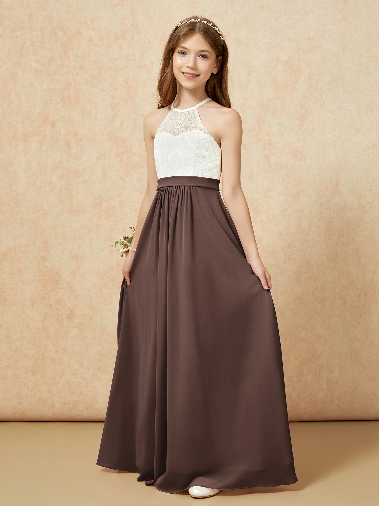 Halter Lace Top Sleeveless Junior Bridesmaid Dress Chocolate - Image 3