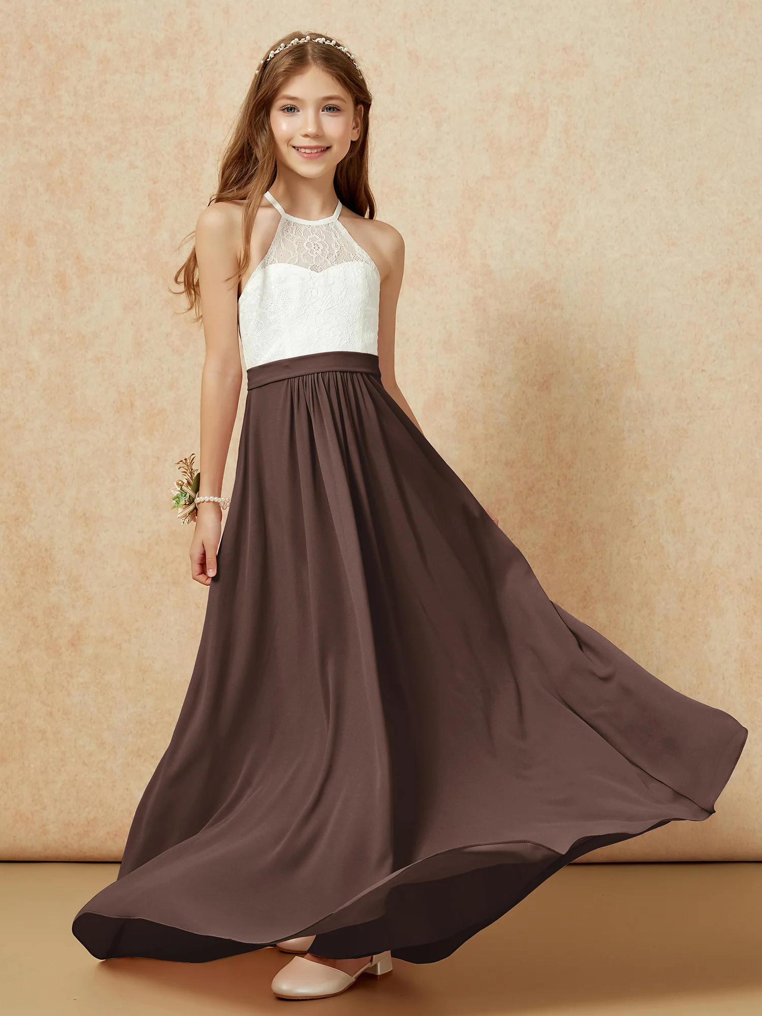 Halter Lace Top Sleeveless Junior Bridesmaid Dress Chocolate - Image 5