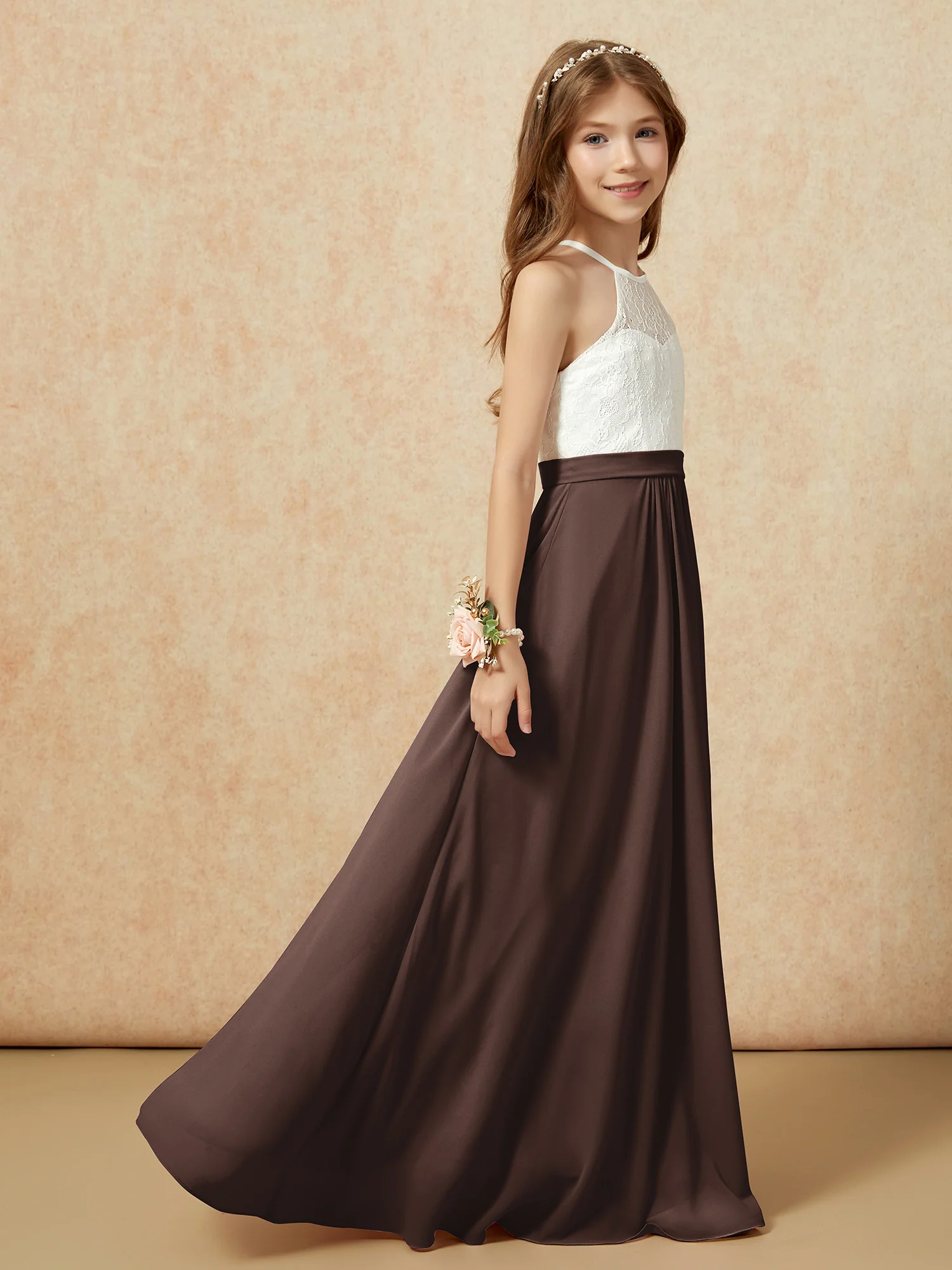 Halter Lace Top Sleeveless Junior Bridesmaid Dress Chocolate - Image 6