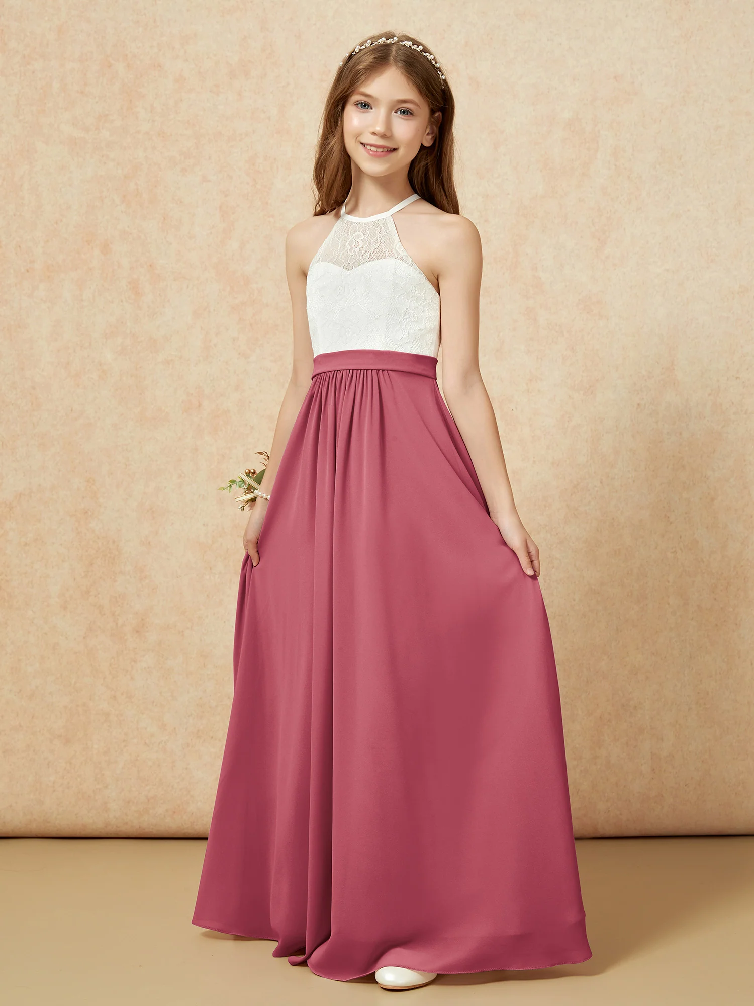 Halter Lace Top Sleeveless Junior Bridesmaid Dress Cinnamon Rose - Image 3