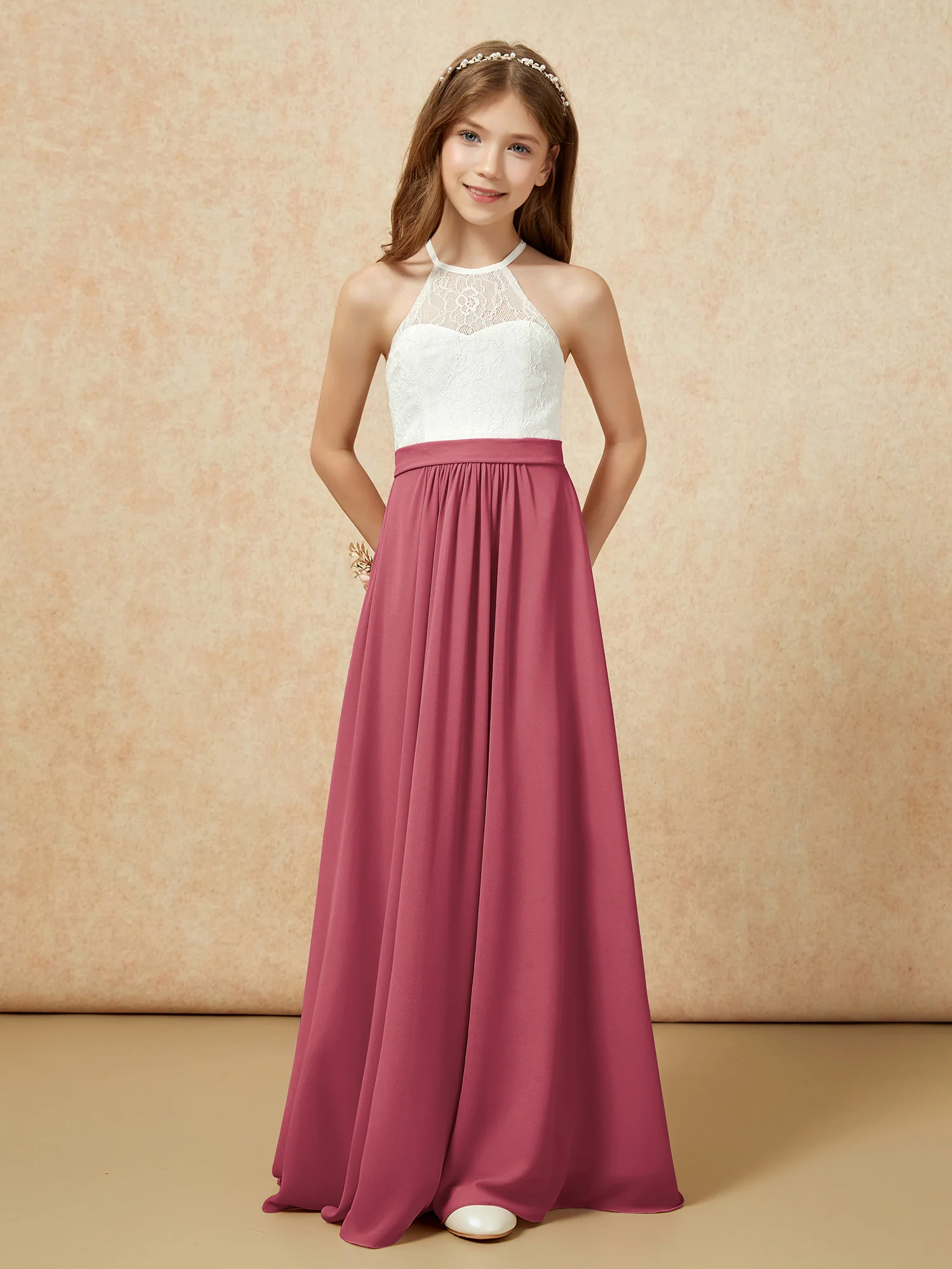 Halter Lace Top Sleeveless Junior Bridesmaid Dress Cinnamon Rose - Image 4