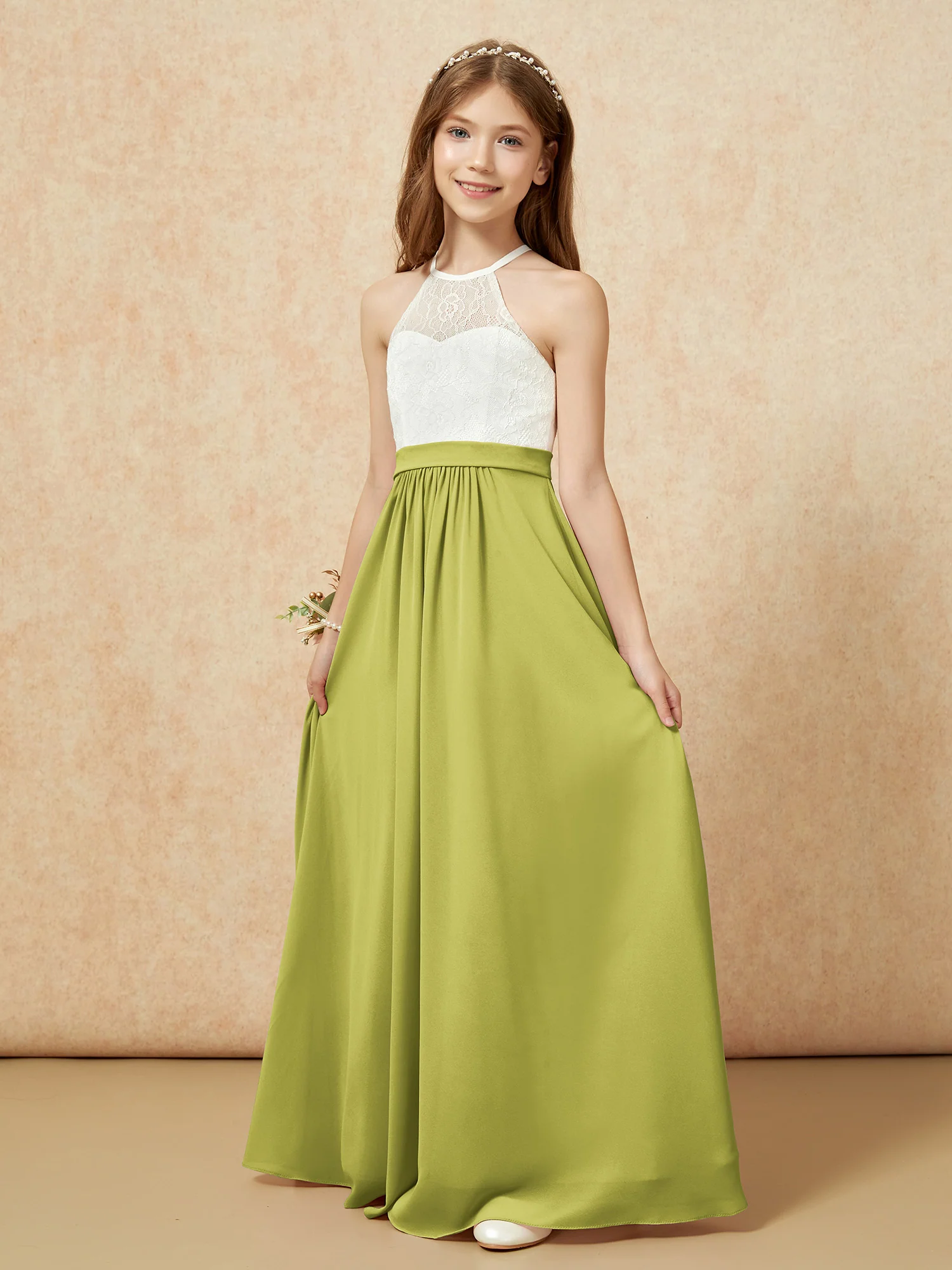 Halter Lace Top Sleeveless Junior Bridesmaid Dress Clover - Image 3