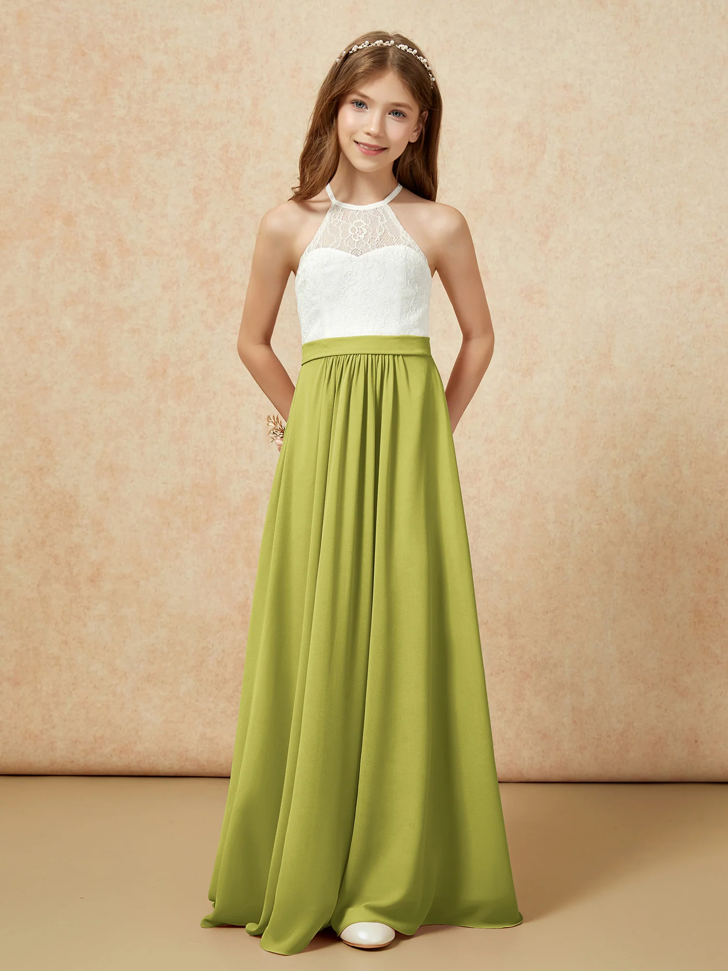 Halter Lace Top Sleeveless Junior Bridesmaid Dress Clover - Image 4