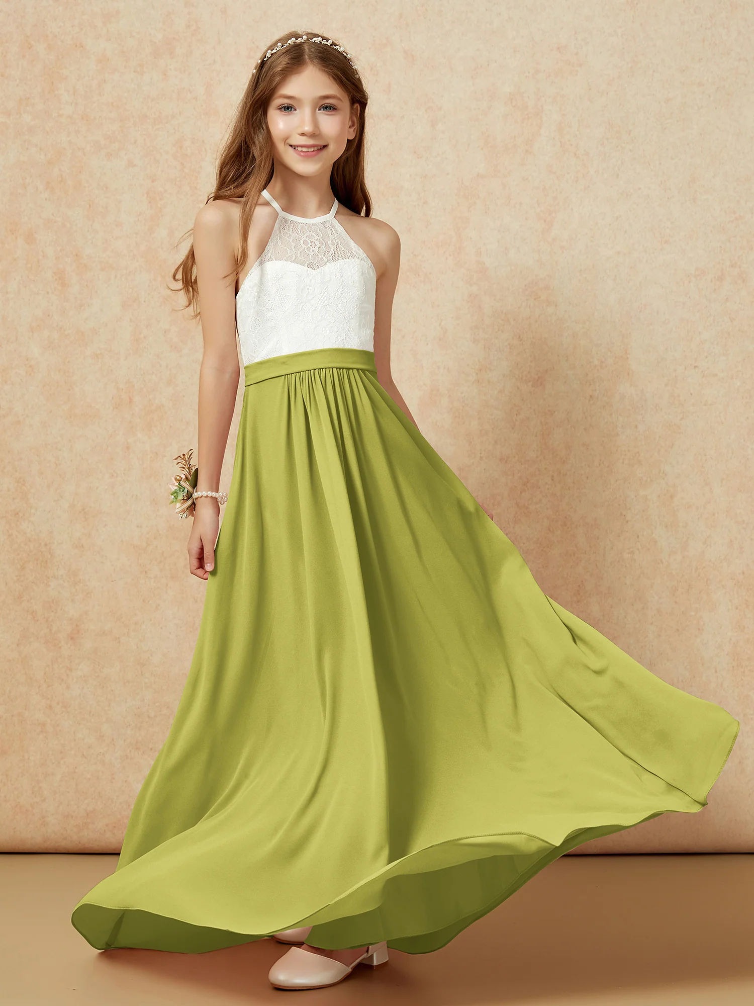 Halter Lace Top Sleeveless Junior Bridesmaid Dress Clover - Image 5