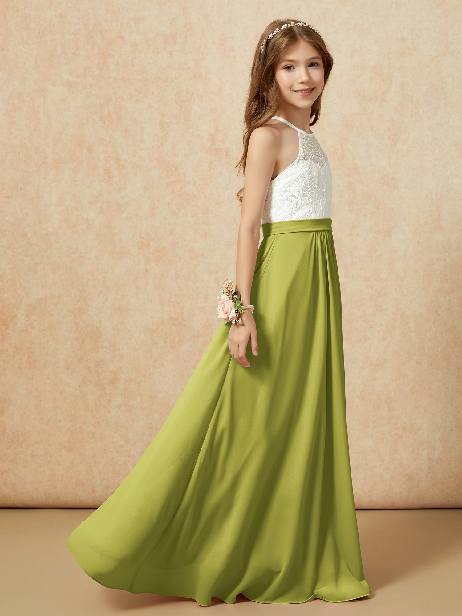 Halter Lace Top Sleeveless Junior Bridesmaid Dress Clover - Image 6