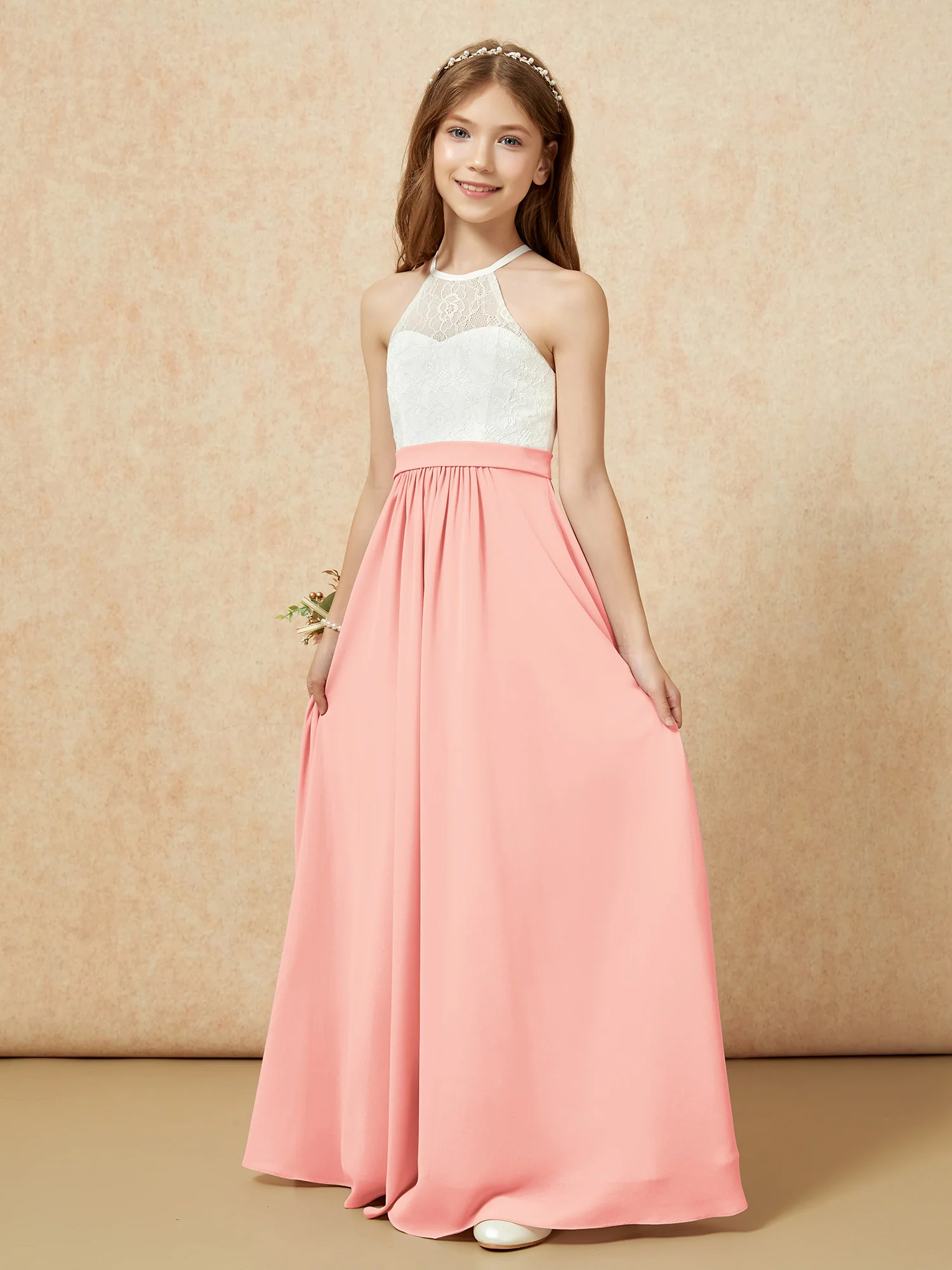 Halter Lace Top Sleeveless Junior Bridesmaid Dress Coral - Image 3