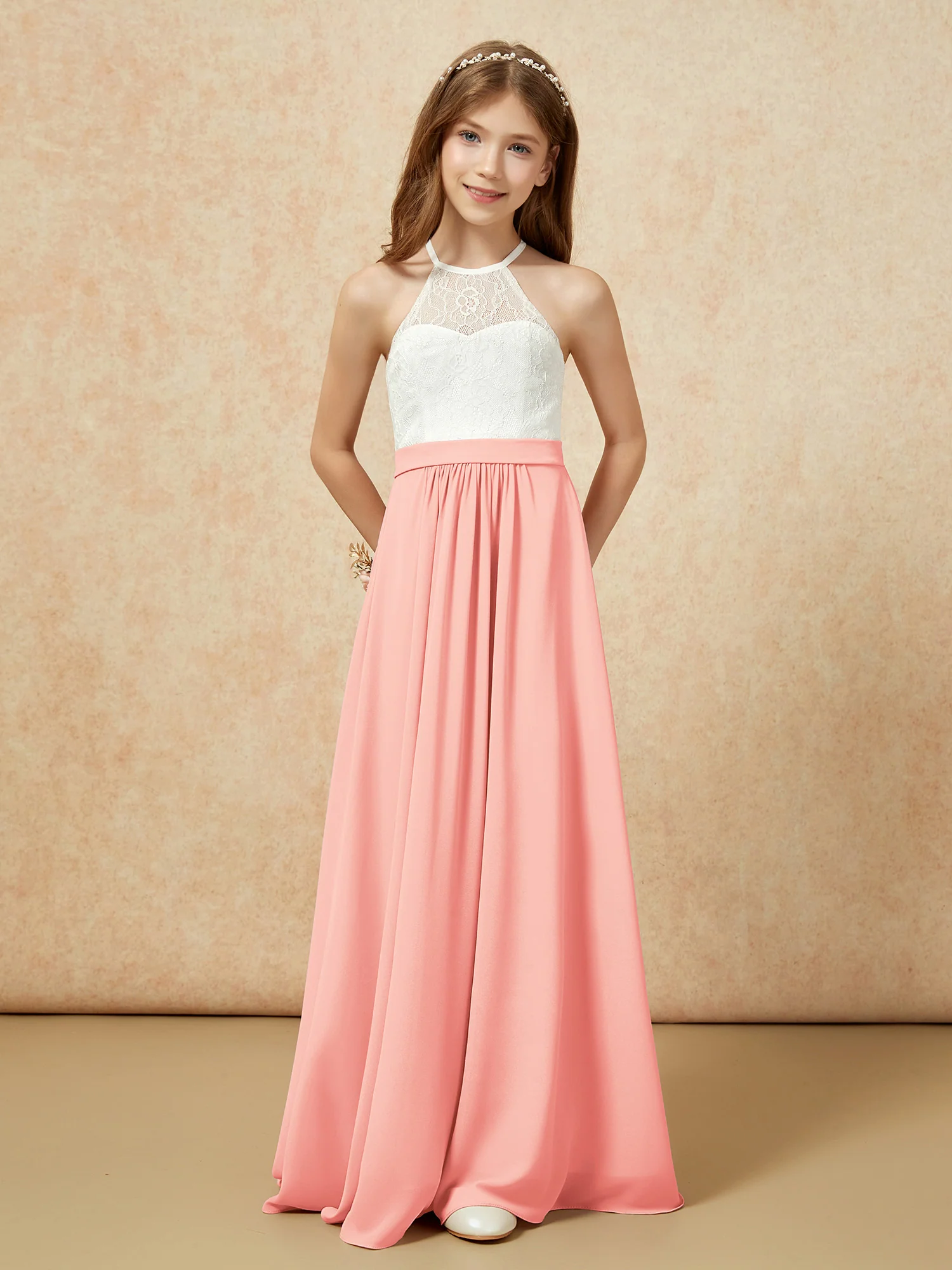 Halter Lace Top Sleeveless Junior Bridesmaid Dress Coral - Image 4