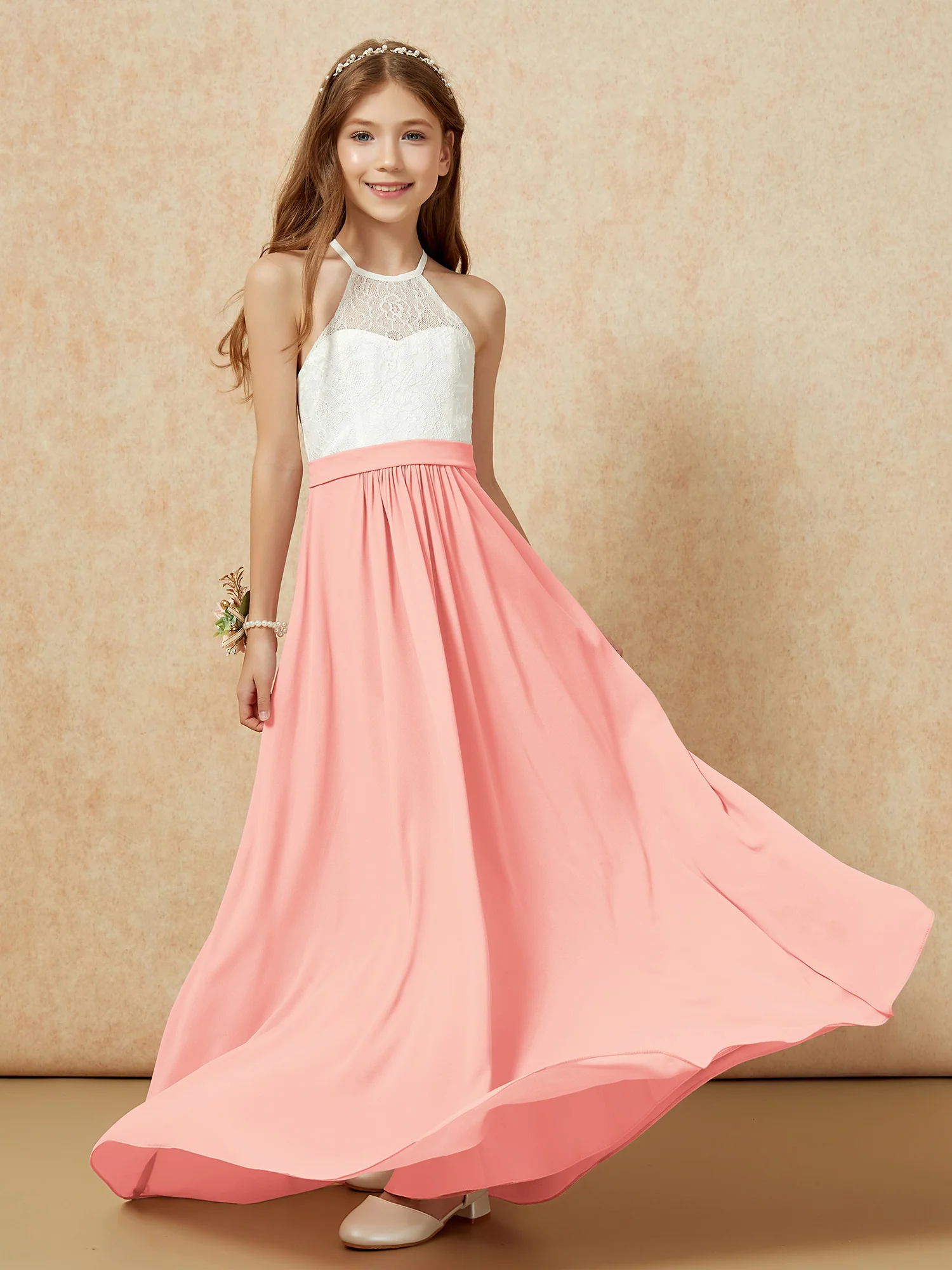 Halter Lace Top Sleeveless Junior Bridesmaid Dress Coral - Image 5
