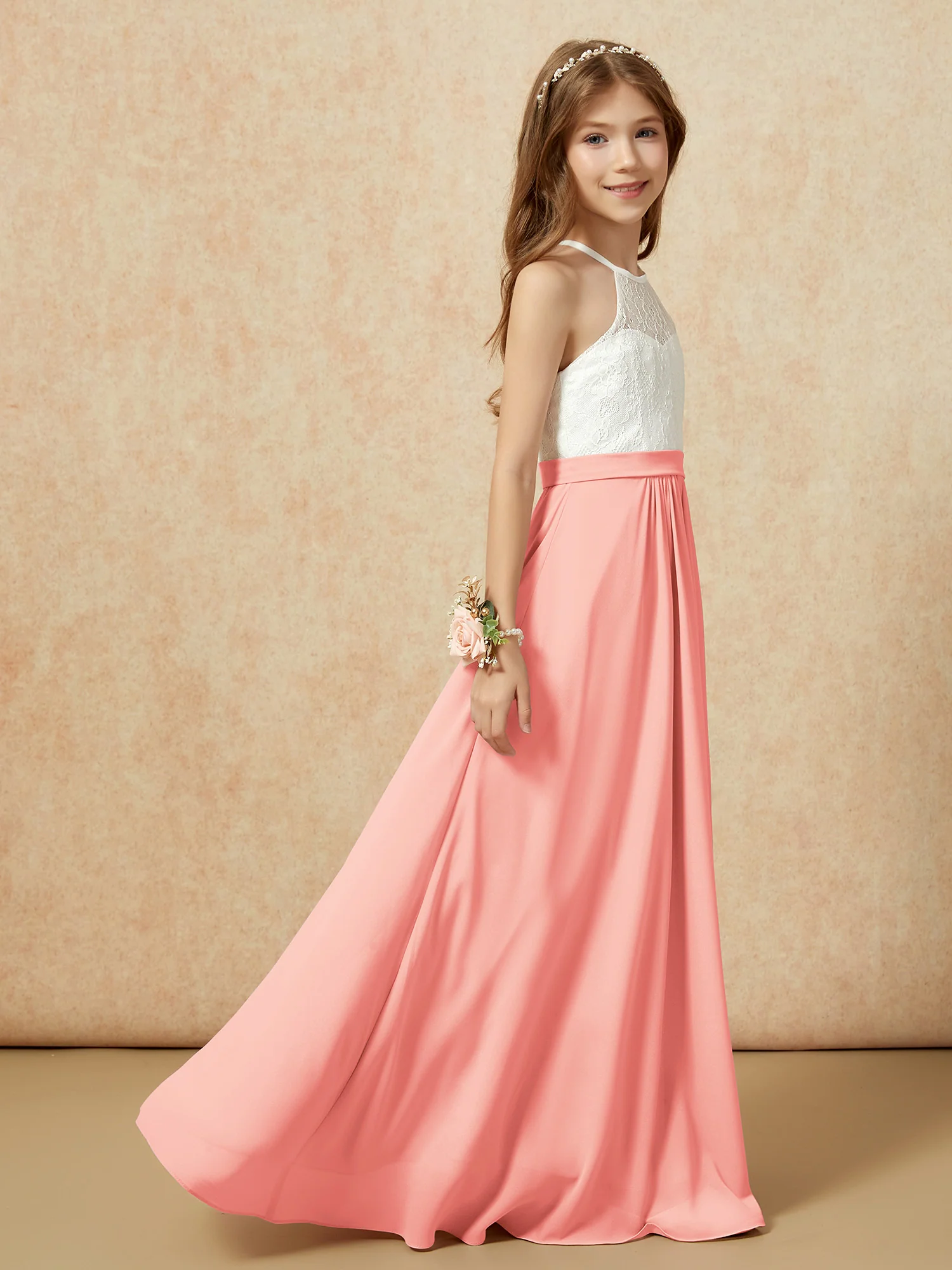 Halter Lace Top Sleeveless Junior Bridesmaid Dress Coral - Image 6