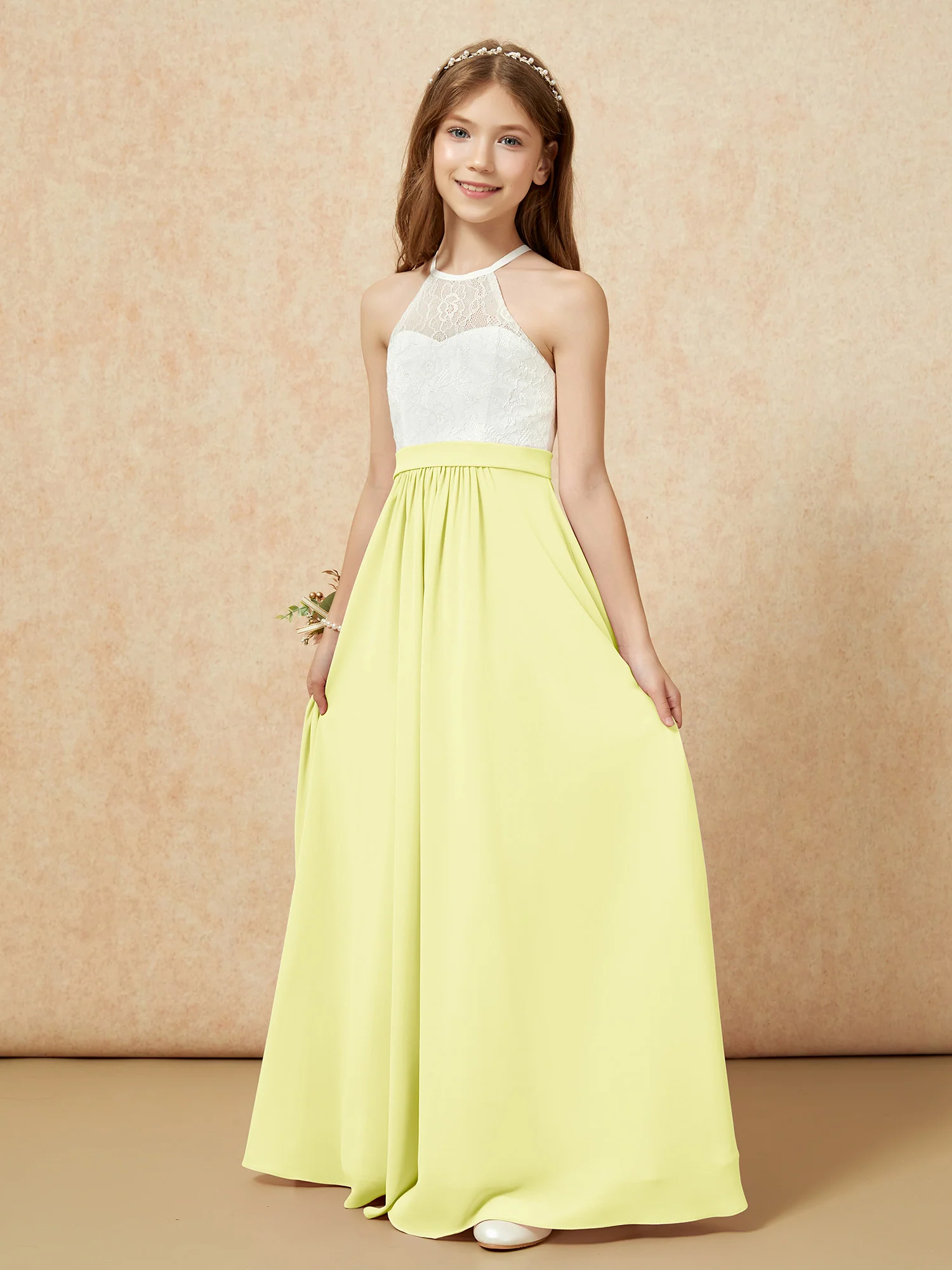 Halter Lace Top Sleeveless Junior Bridesmaid Dress Daffodil - Image 3