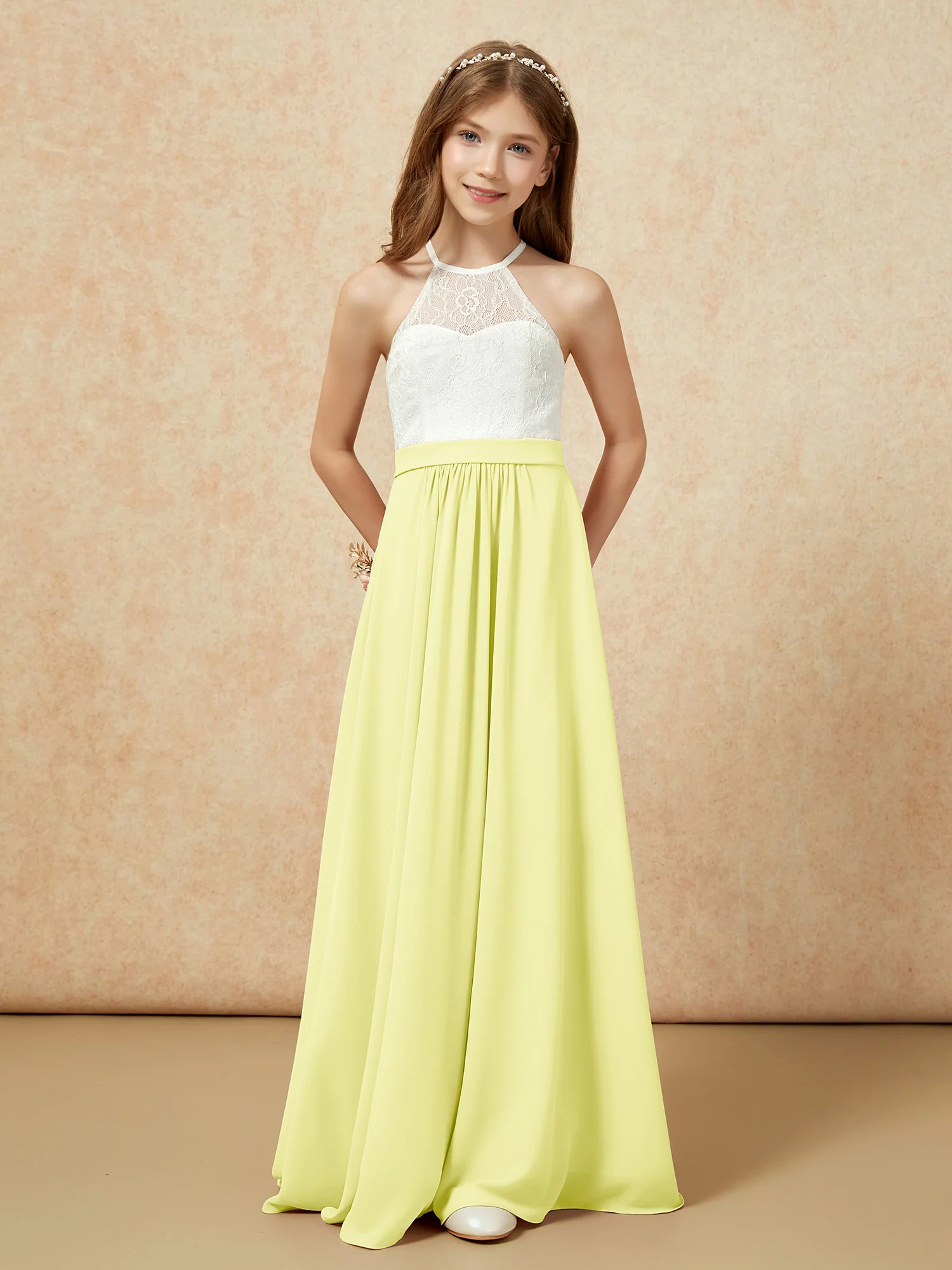 Halter Lace Top Sleeveless Junior Bridesmaid Dress Daffodil - Image 4