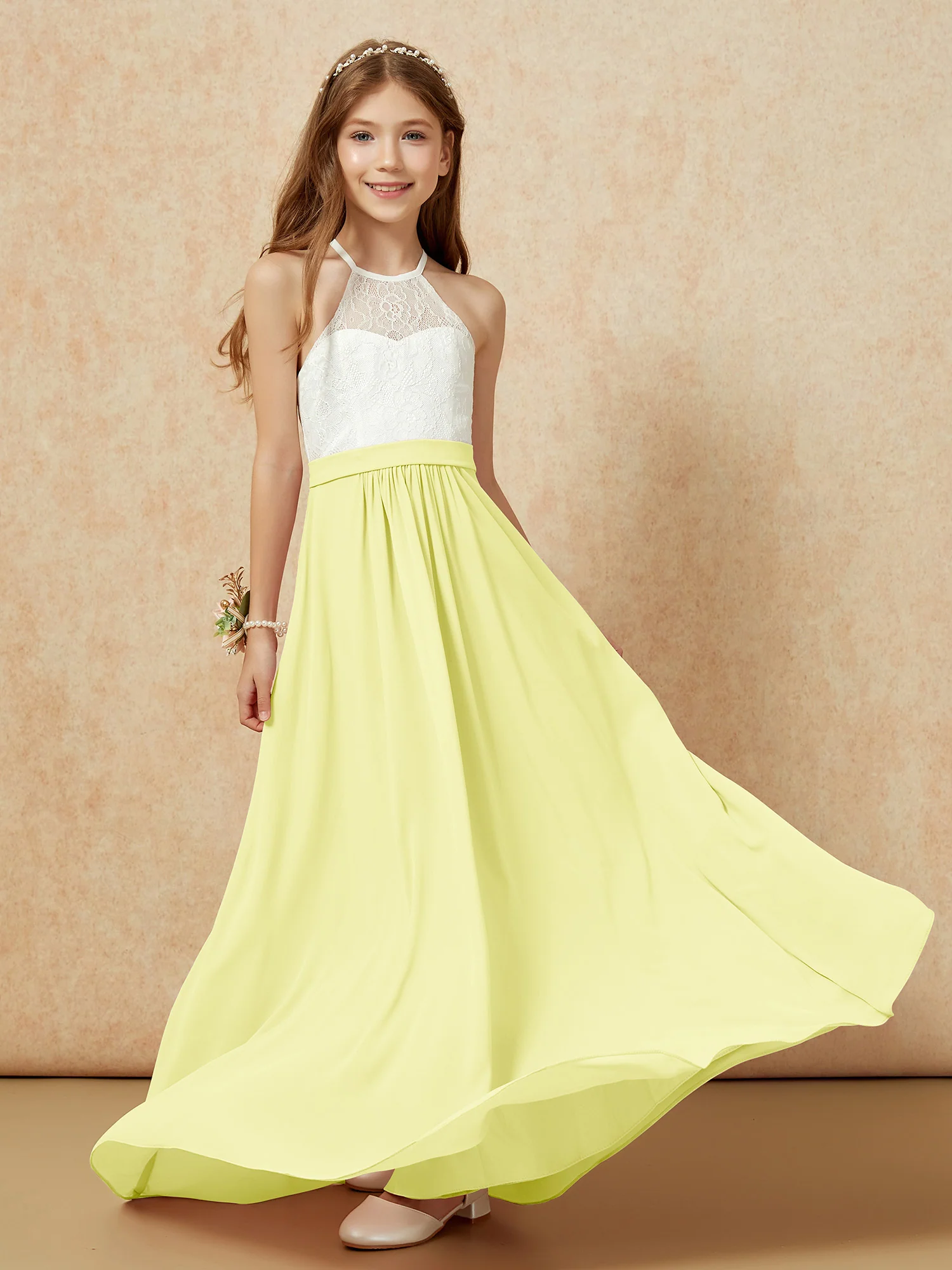 Halter Lace Top Sleeveless Junior Bridesmaid Dress Daffodil - Image 5