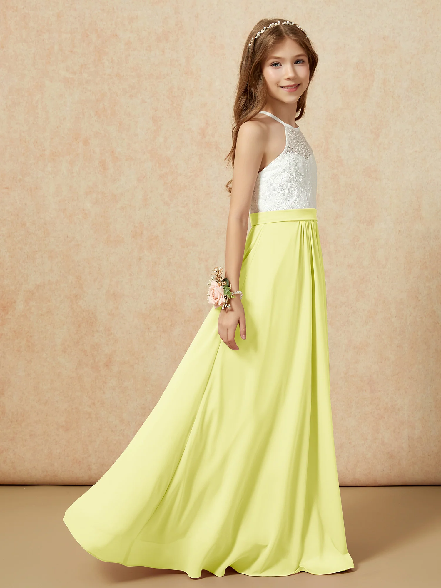 Halter Lace Top Sleeveless Junior Bridesmaid Dress Daffodil - Image 6