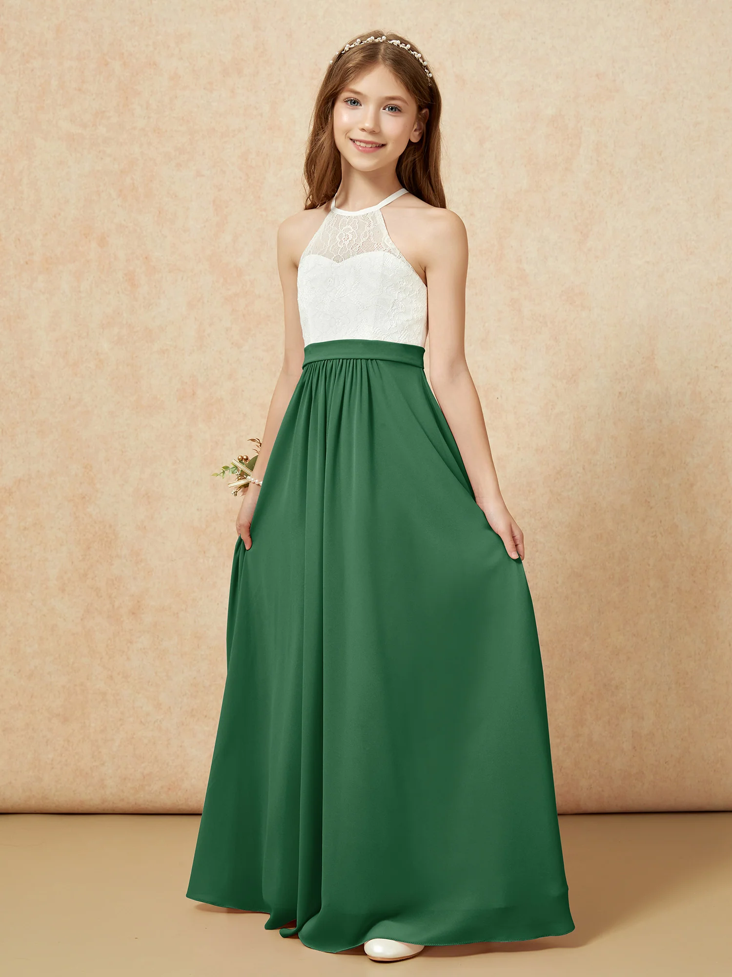 Halter Lace Top Sleeveless Junior Bridesmaid Dress Dark Green - Image 3