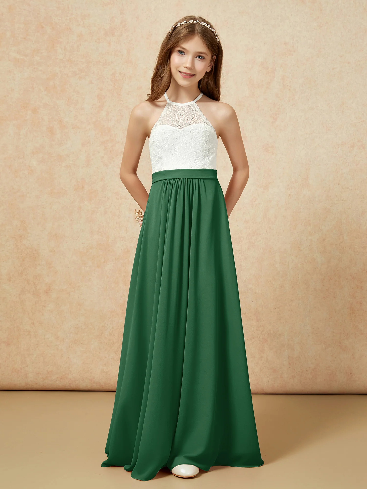 Halter Lace Top Sleeveless Junior Bridesmaid Dress Dark Green - Image 4