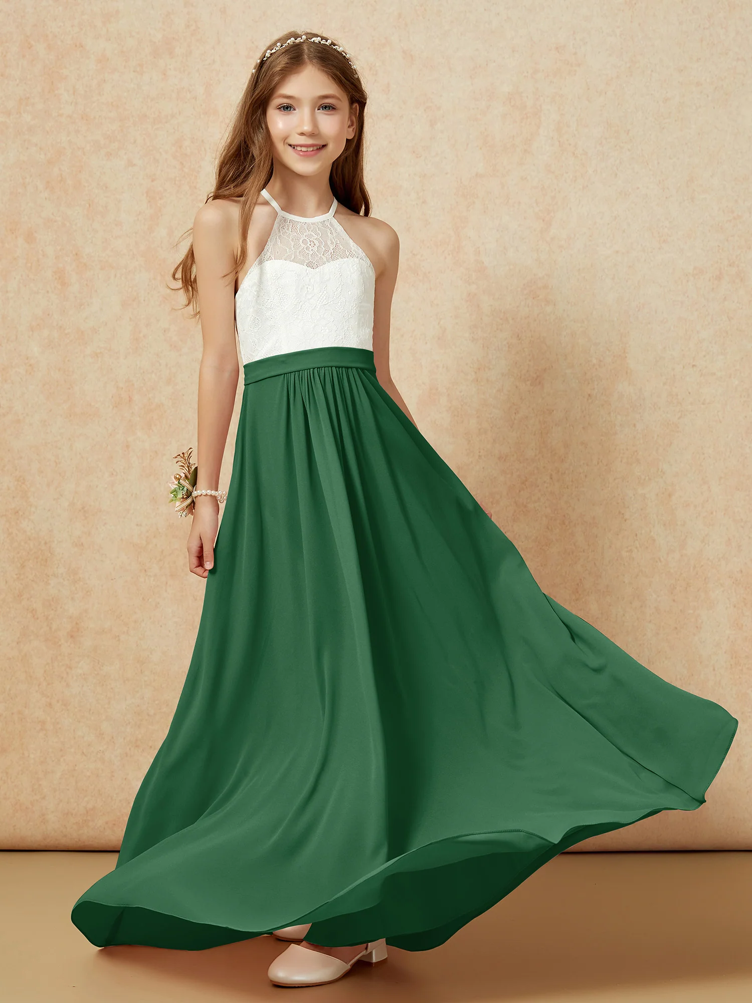 Halter Lace Top Sleeveless Junior Bridesmaid Dress Dark Green - Image 5