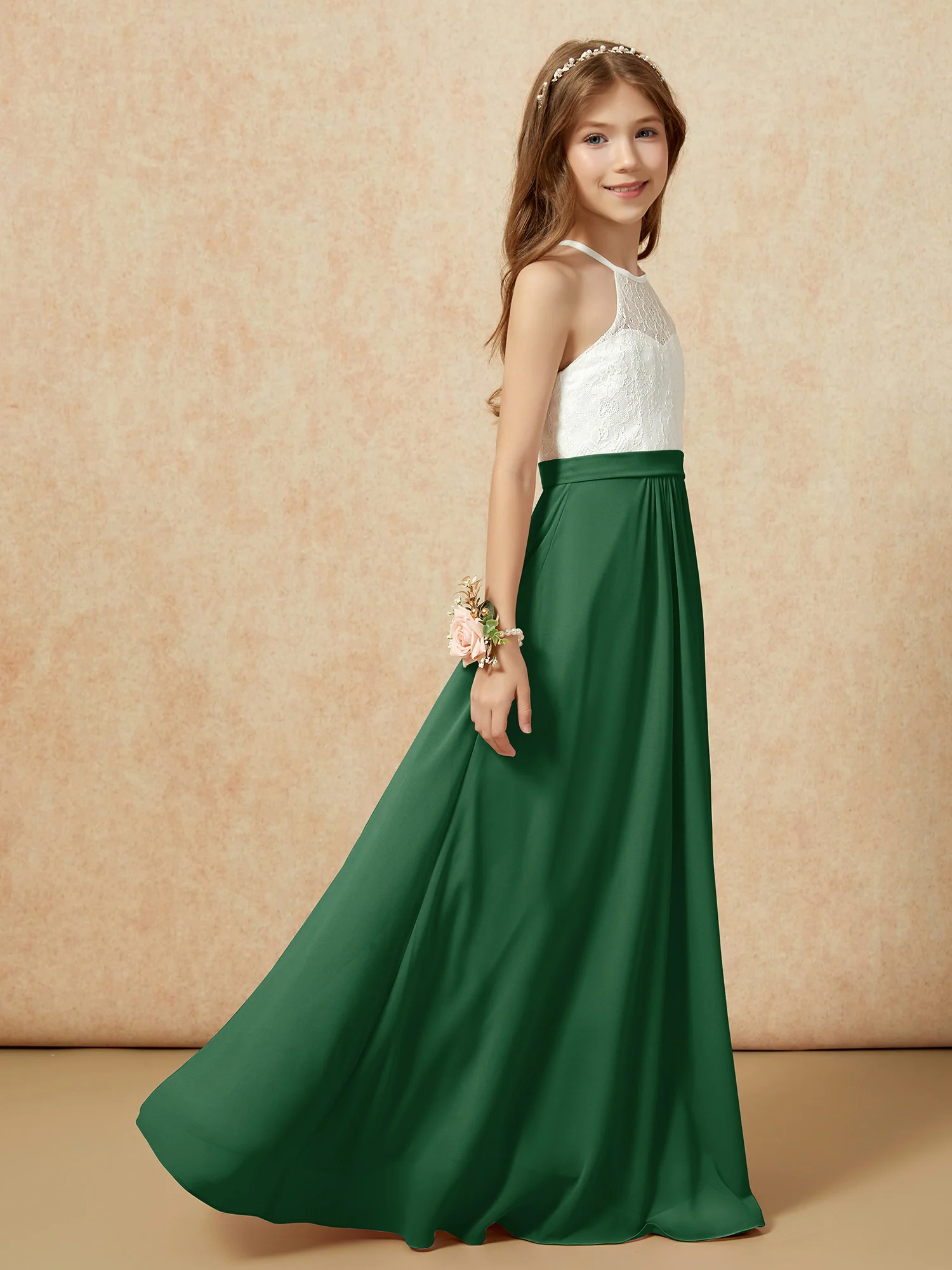 Halter Lace Top Sleeveless Junior Bridesmaid Dress Dark Green - Image 6